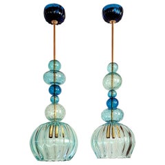 Pair of Murano Blue Glass Chandeliers Mid-Century Modern Barovier Style, Italy