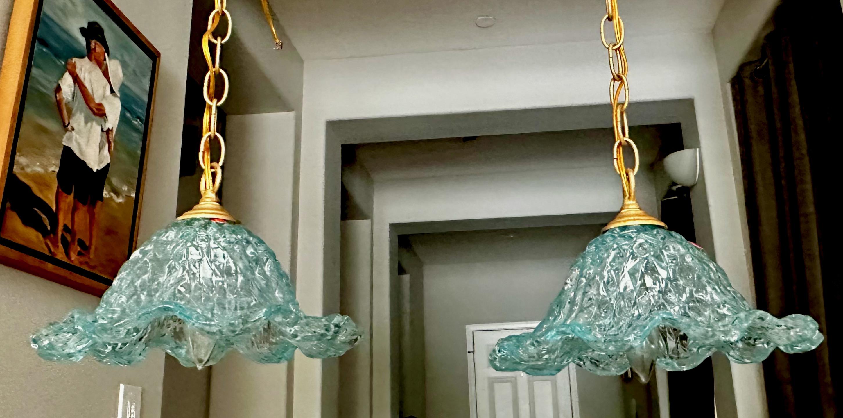Pair Murano Blue Glass Tulip Shaped Light Pendant In Good Condition For Sale In Palm Springs, CA