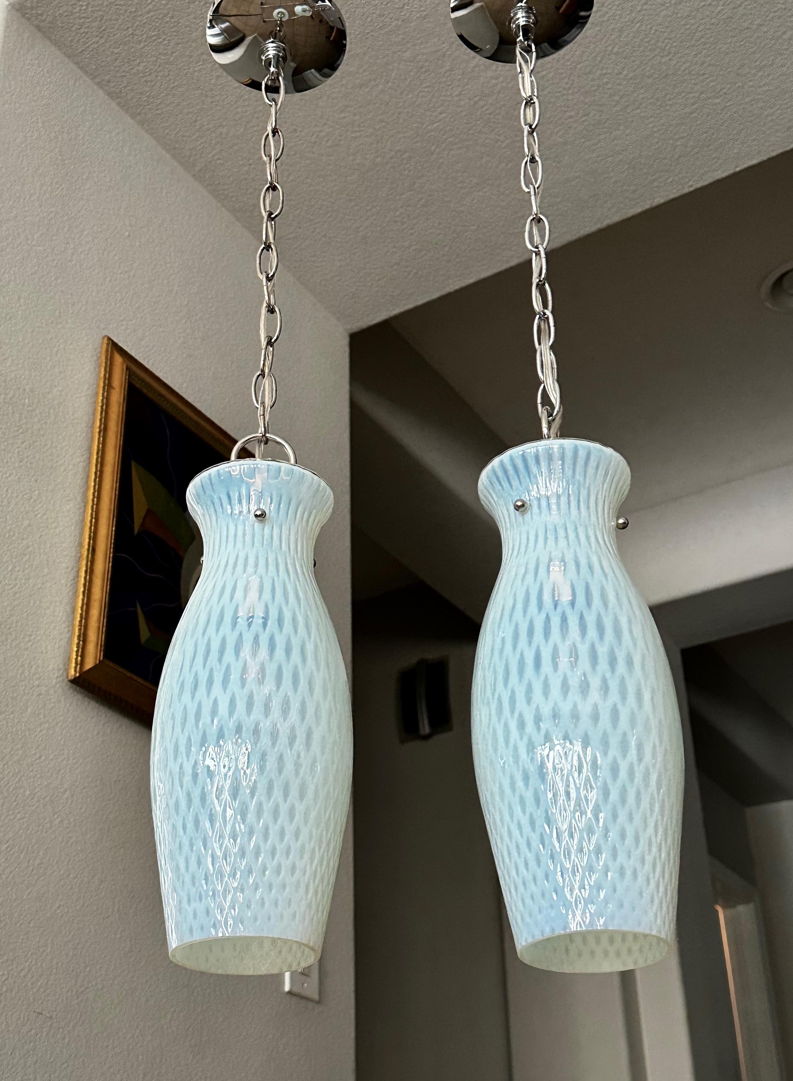 Pair Murano Blue Opalescent Glass Light Pendant For Sale 4
