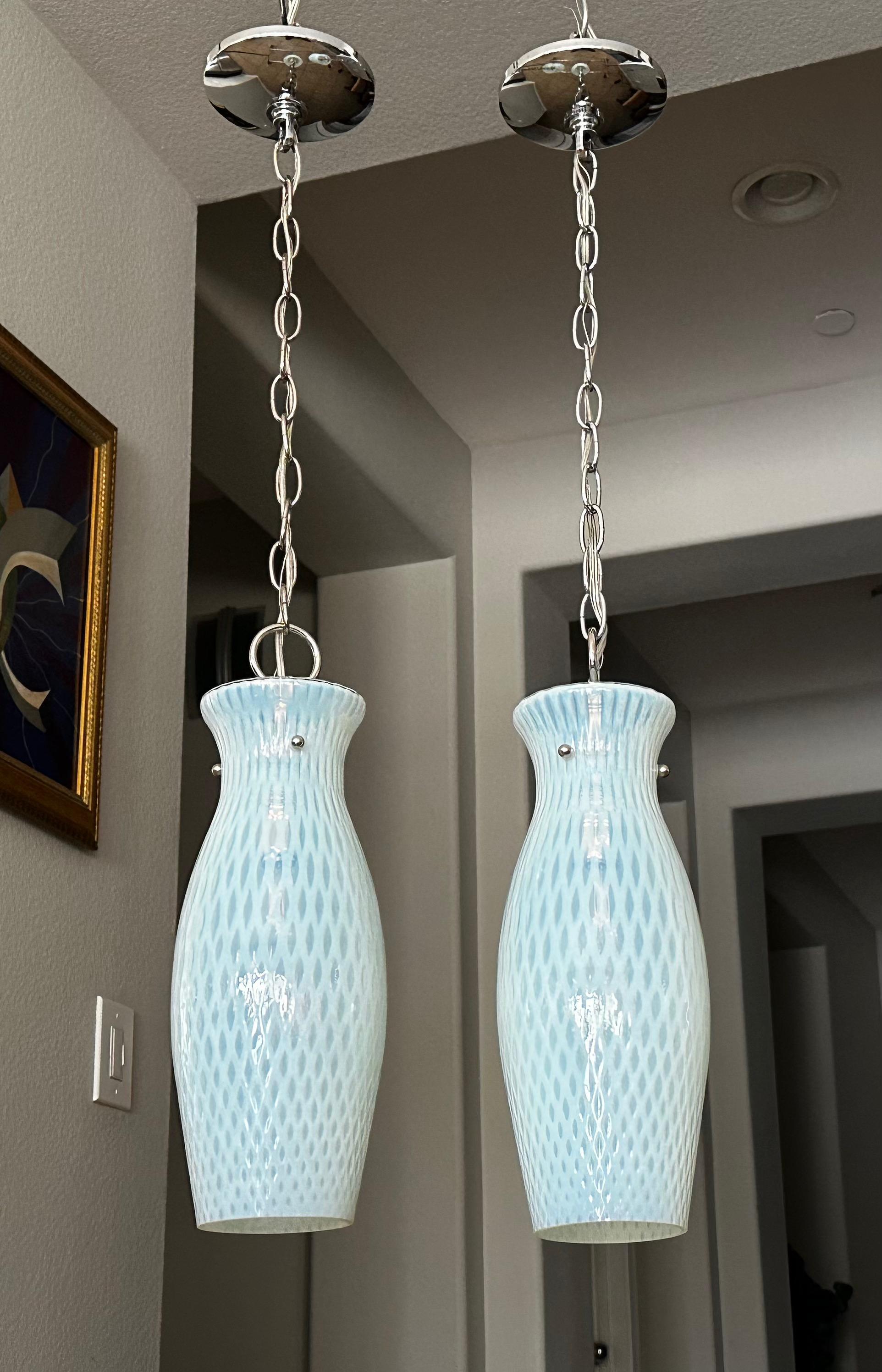 Pair Murano Blue Opalescent Glass Light Pendant For Sale 5