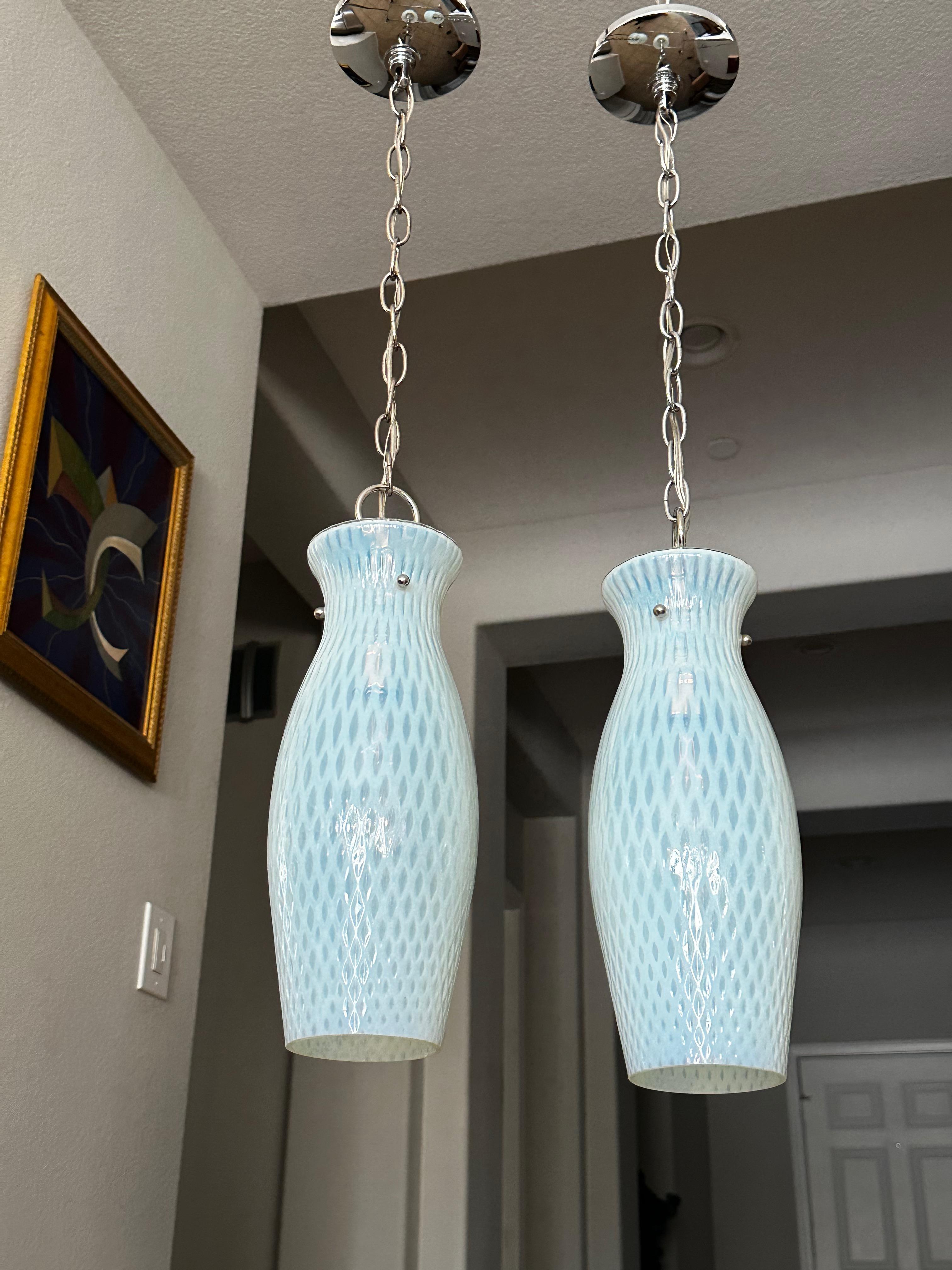 Pair Murano Blue Opalescent Glass Light Pendant For Sale 12