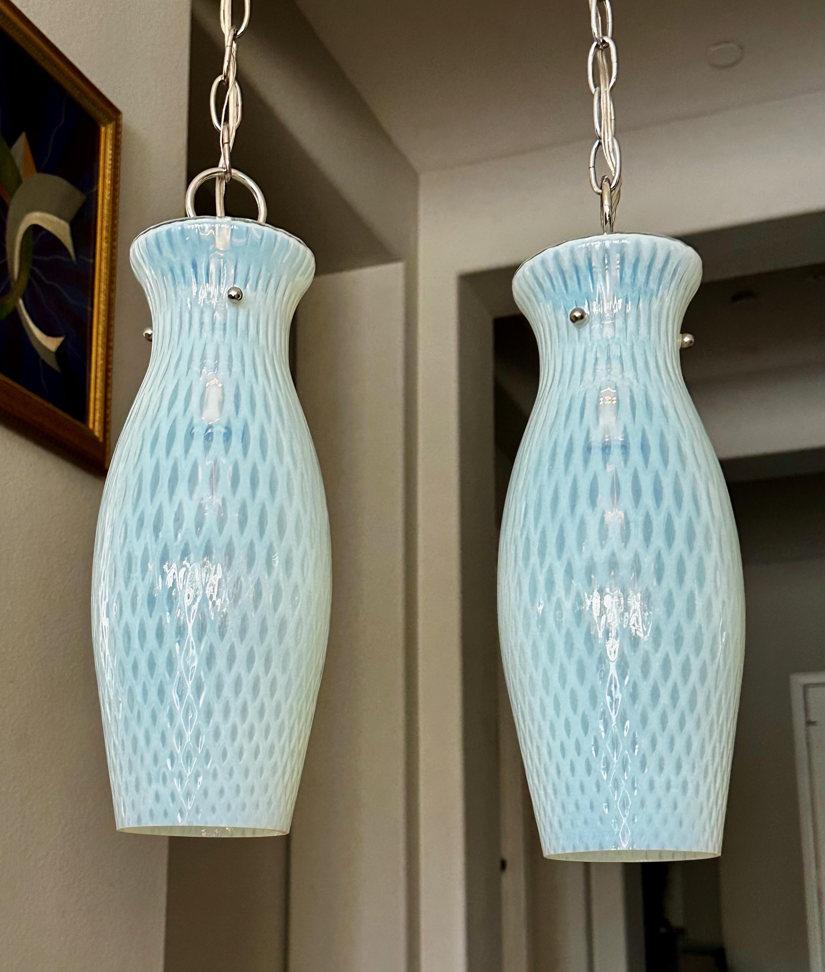 Italian Pair Murano Blue Opalescent Glass Light Pendant For Sale