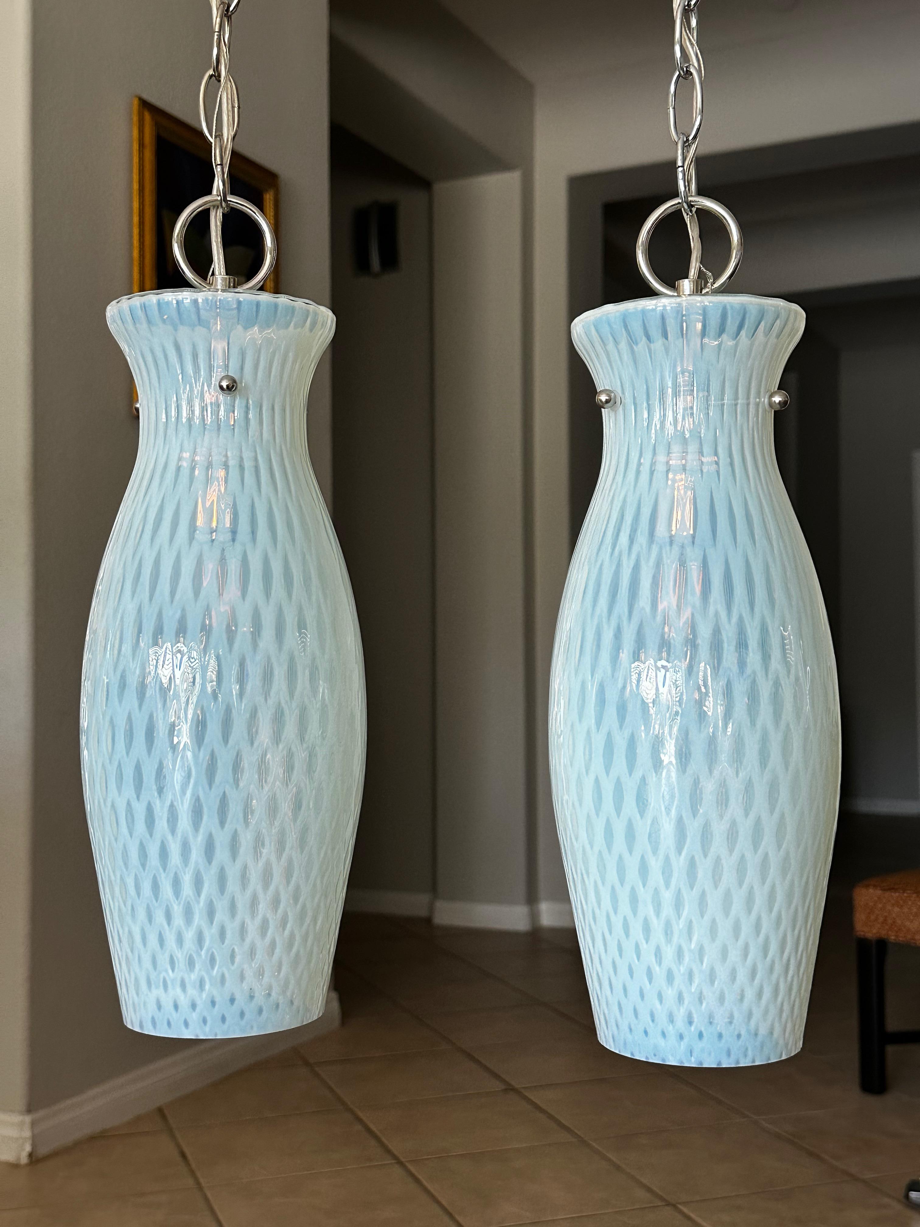 Pair Murano Blue Opalescent Glass Light Pendant In Good Condition For Sale In Palm Springs, CA