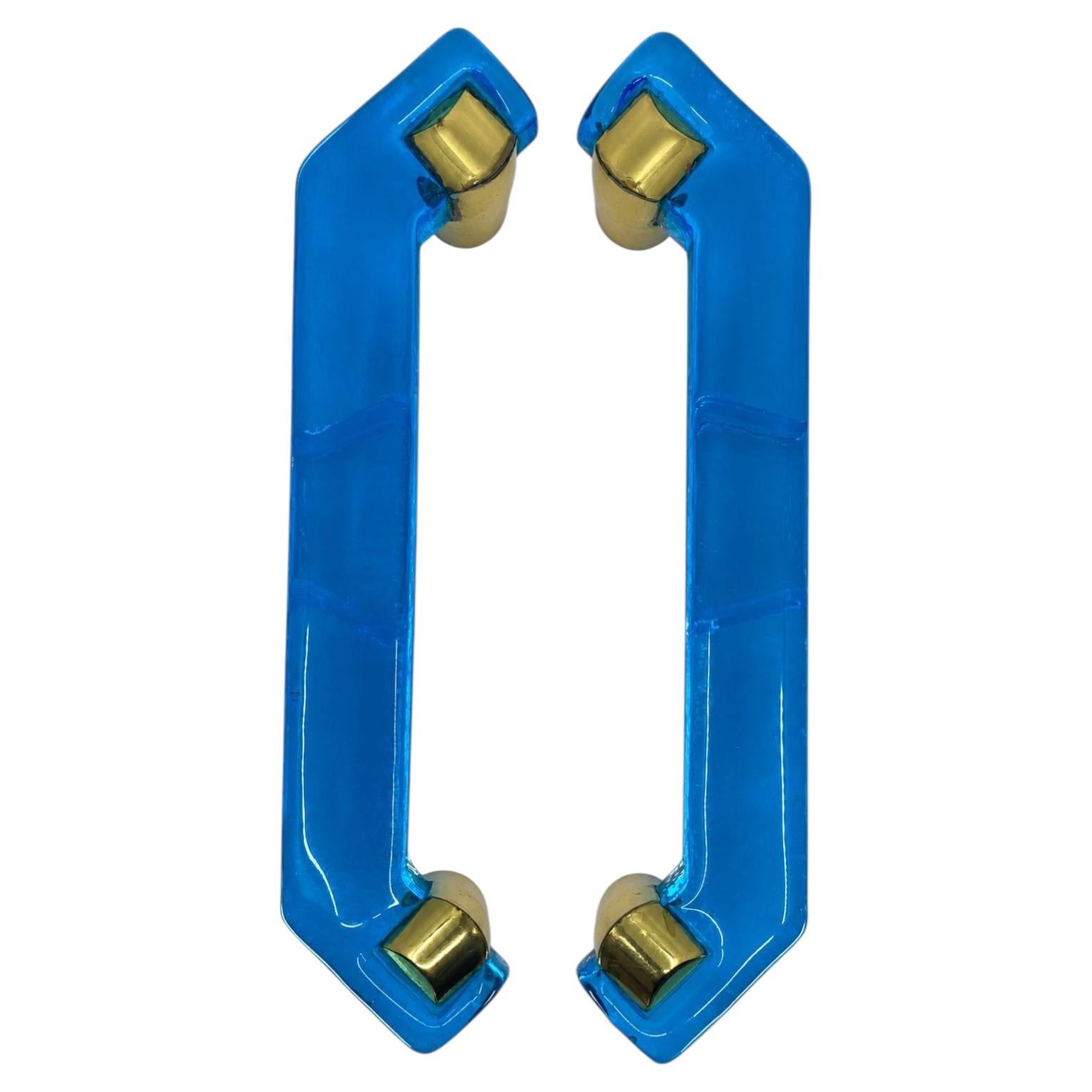 Pair Murano Brass and Blue Glass Door Handles