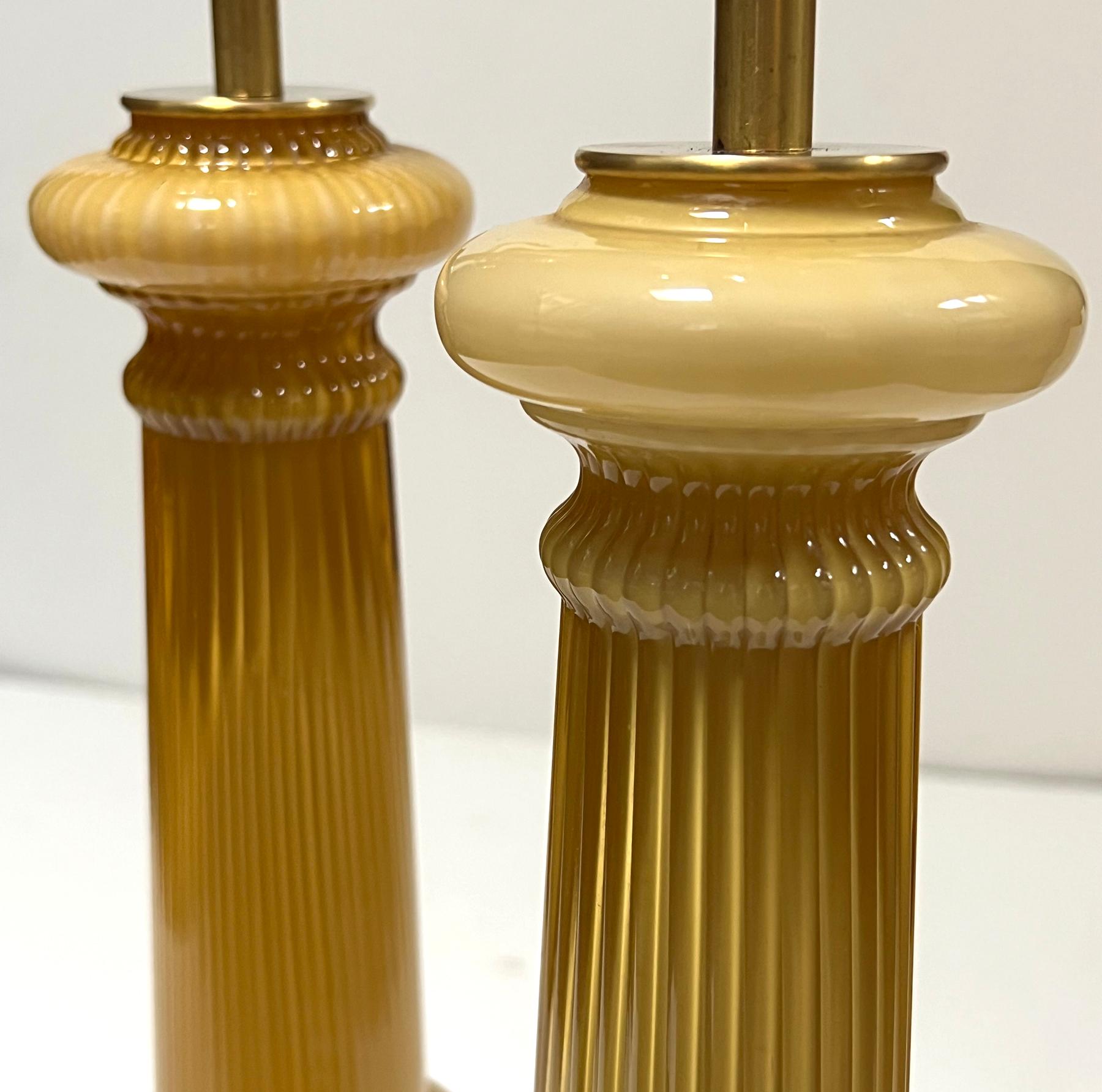 Hollywood Regency Pair Murano Butterscotch-glass Hand-blown Columnar-form Lamps For Sale