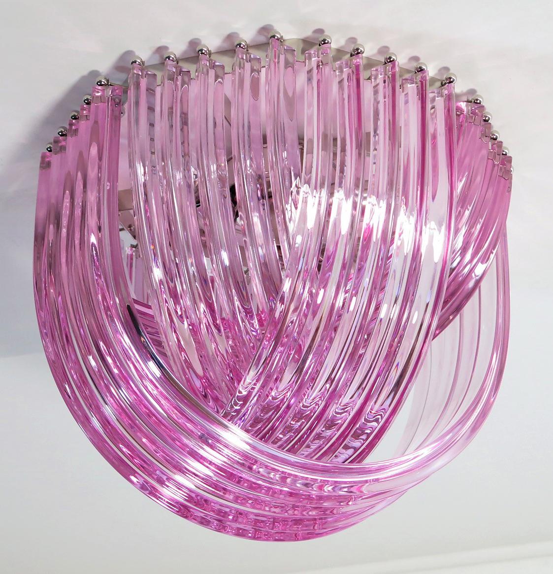 Pair Murano Ceiling Linght Chandeliers, Pink Triedri, 20 Murano Glasses For Sale 4