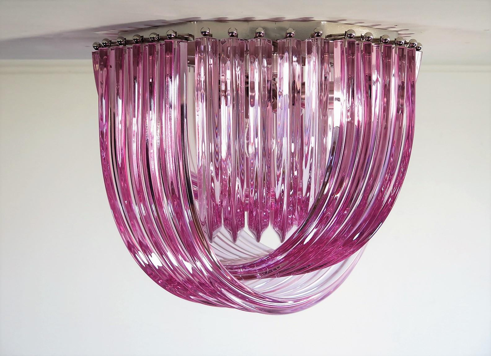 Pair Murano Ceiling Linght Chandeliers, Pink Triedri, 20 Murano Glasses For Sale 5