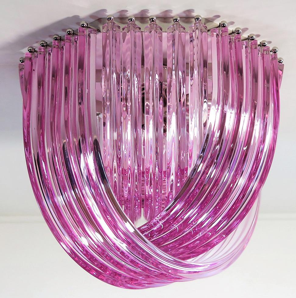 Pair Murano Ceiling Linght Chandeliers, Pink Triedri, 20 Murano Glasses For Sale 6