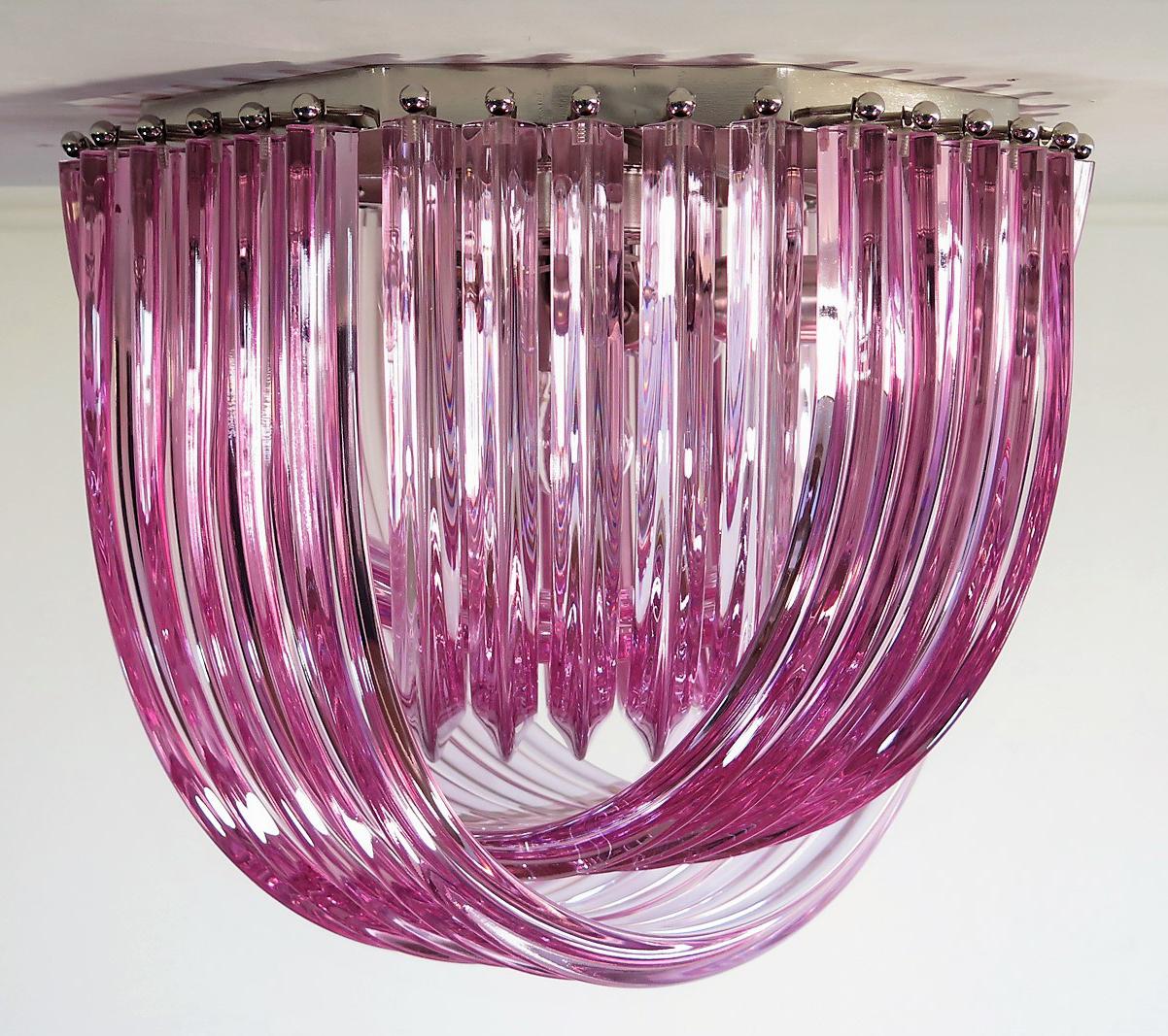 Pair Murano Ceiling Linght Chandeliers, Pink Triedri, 20 Murano Glasses For Sale 7