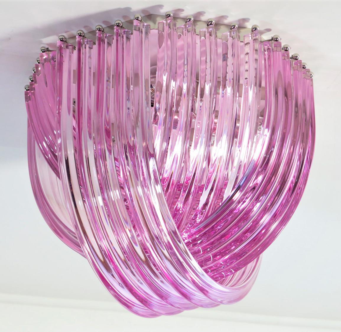 European Pair Murano Ceiling Linght Chandeliers, Pink Triedri, 20 Murano Glasses For Sale