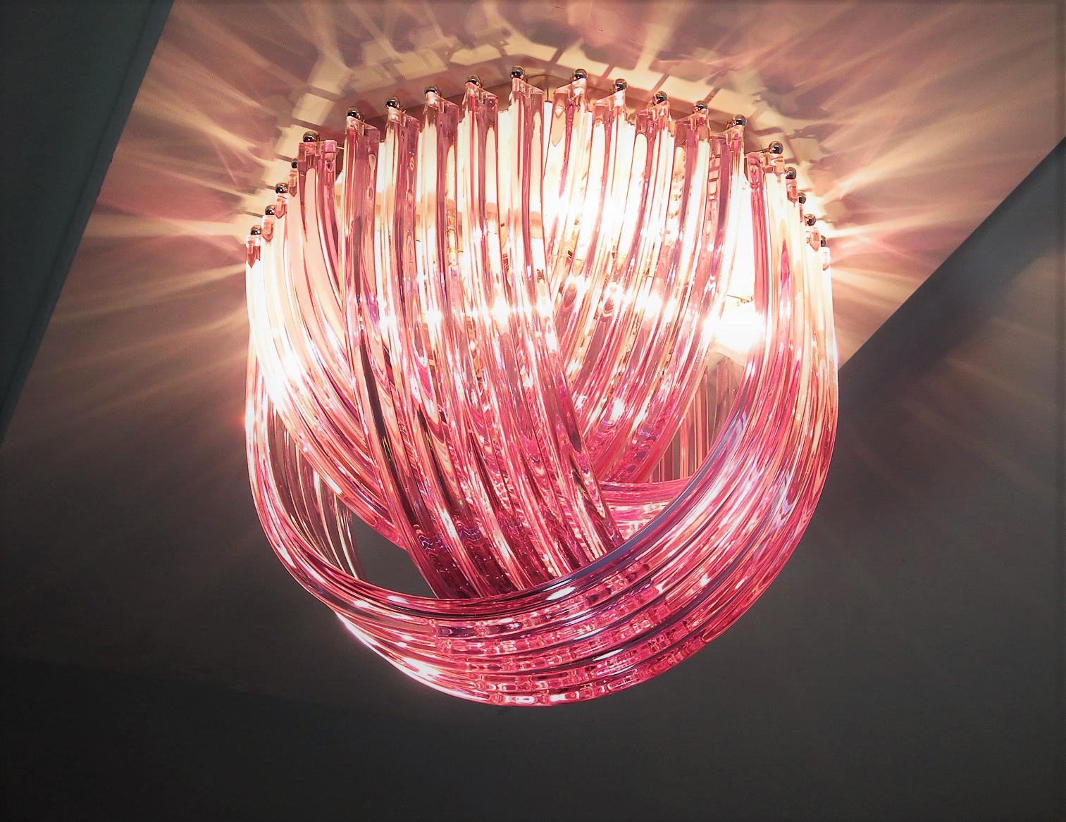 20th Century Pair Murano Ceiling Linght Chandeliers, Pink Triedri, 20 Murano Glasses For Sale