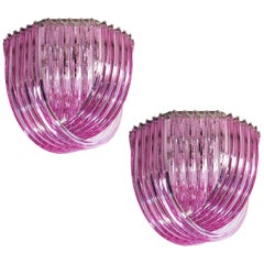 Pair Murano Ceiling Linght Chandeliers, Pink Triedri, 20 Murano Glasses