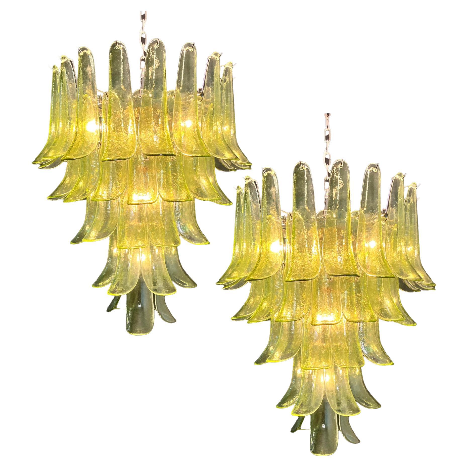 Pair Murano Chandeliers in Green Glass, Nickel Frame, Vintage Style, 1990