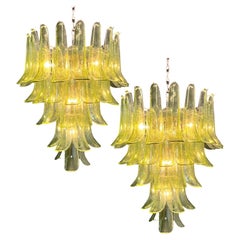 Pair Murano Chandeliers in Green Glass, Nickel Frame, Vintage Style, 1990