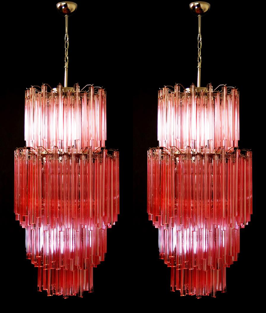 Metal Pair of Murano Chandeliers Made by 242 Murano Crystal Pink Prism 'Triedri'