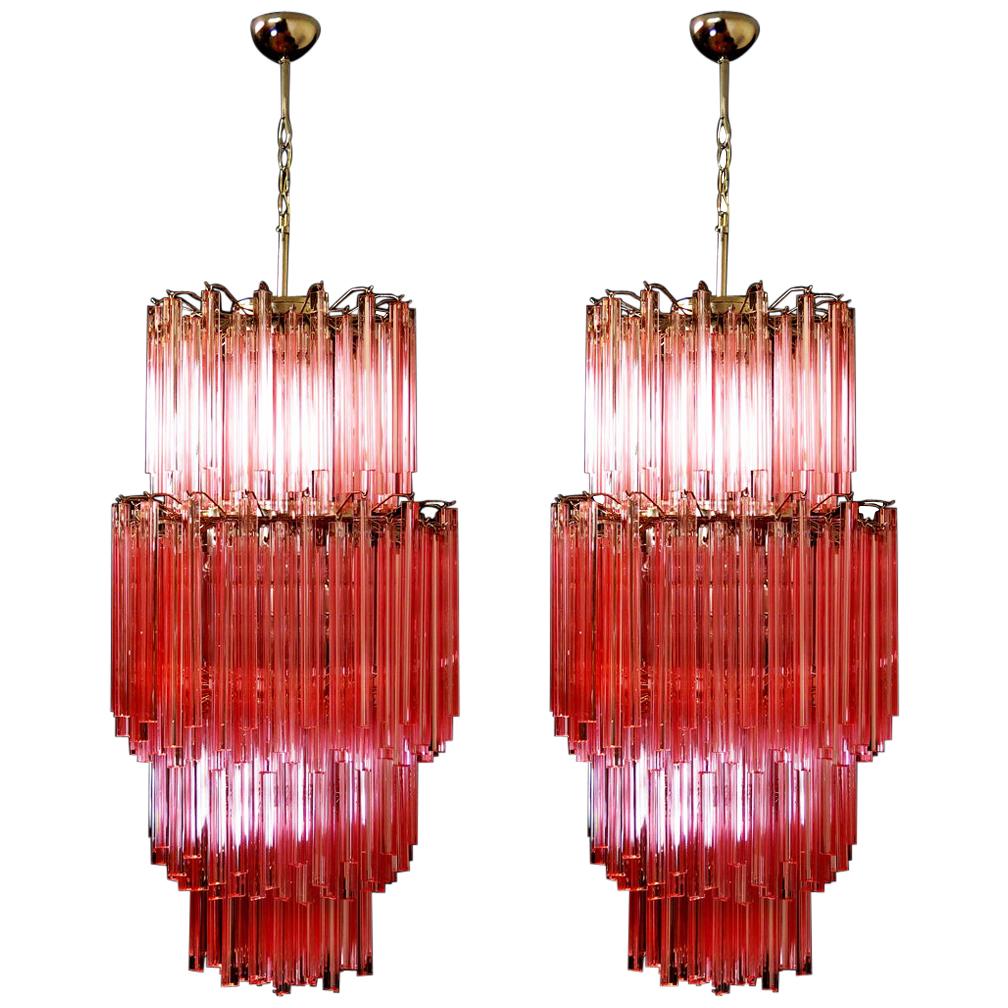 Pair of Murano Chandeliers Made by 242 Murano Crystal Pink Prism 'Triedri'