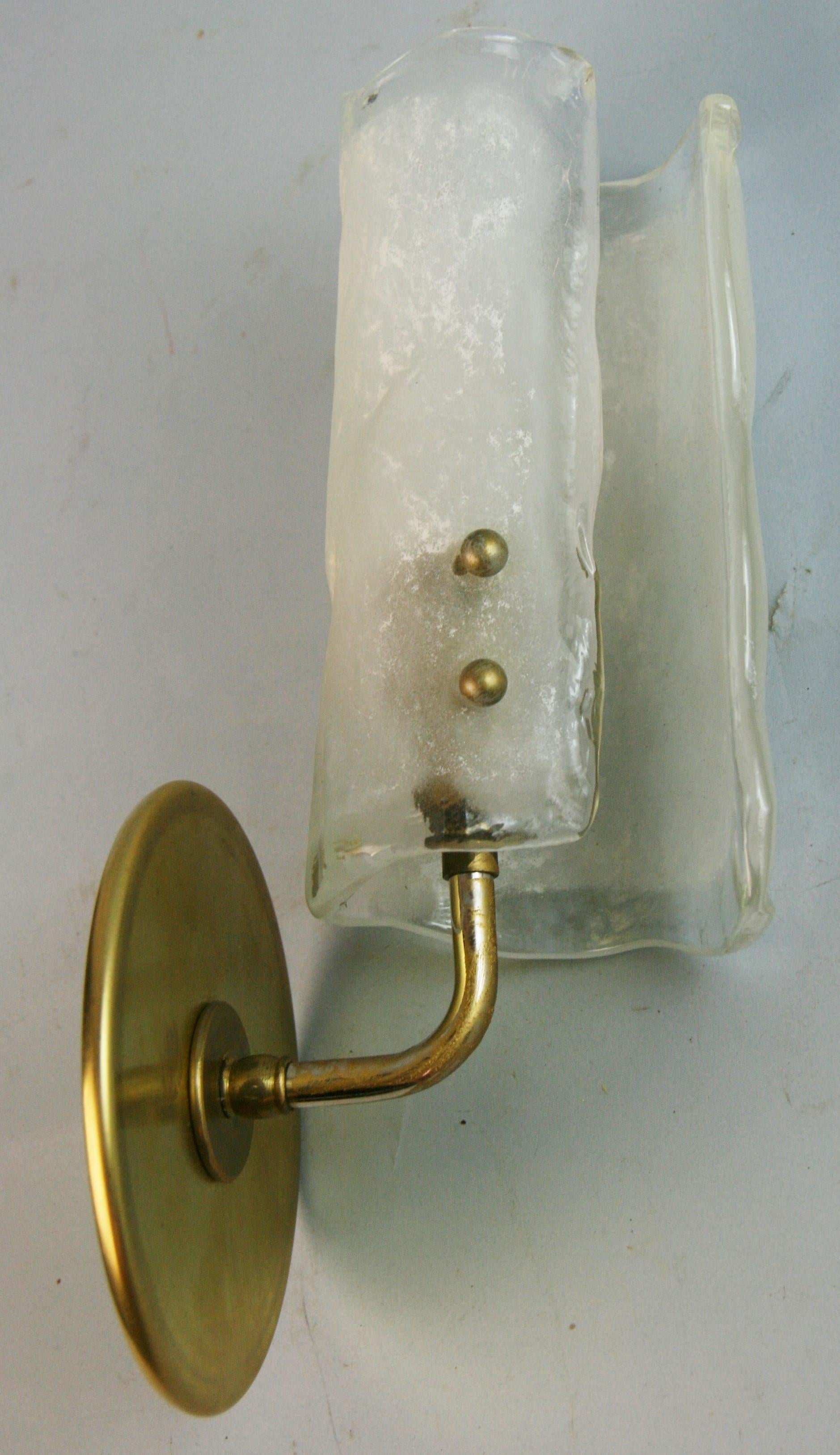 Mid-20th Century Pair Murano Curved and Frosted Hand Formed Glass Sconces, '3 Pair Available' For Sale