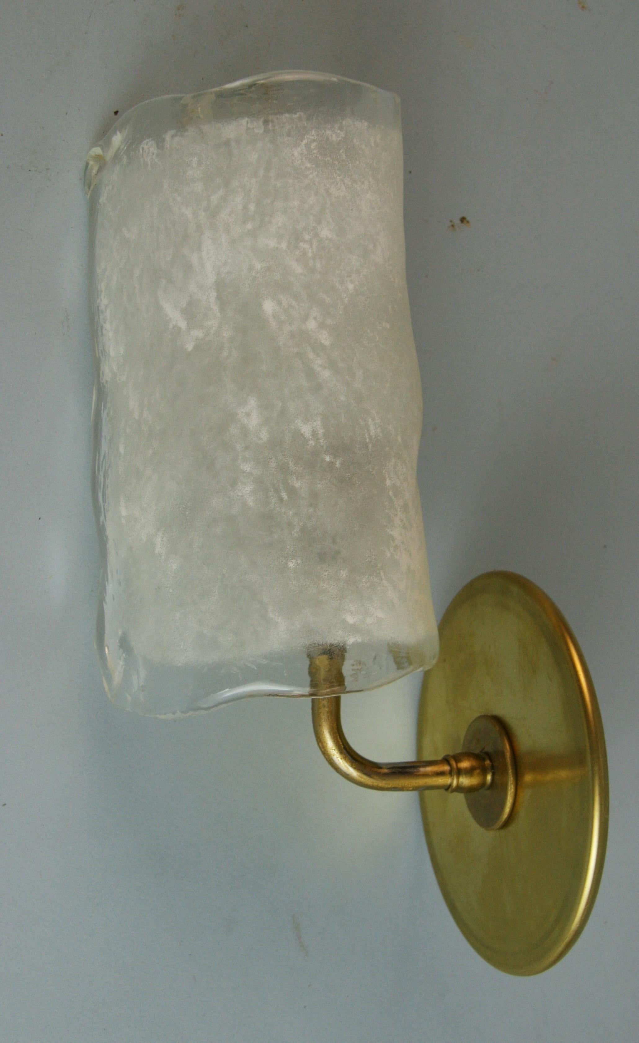 Brass Pair Murano Curved and Frosted Hand Formed Glass Sconces, '3 Pair Available' For Sale
