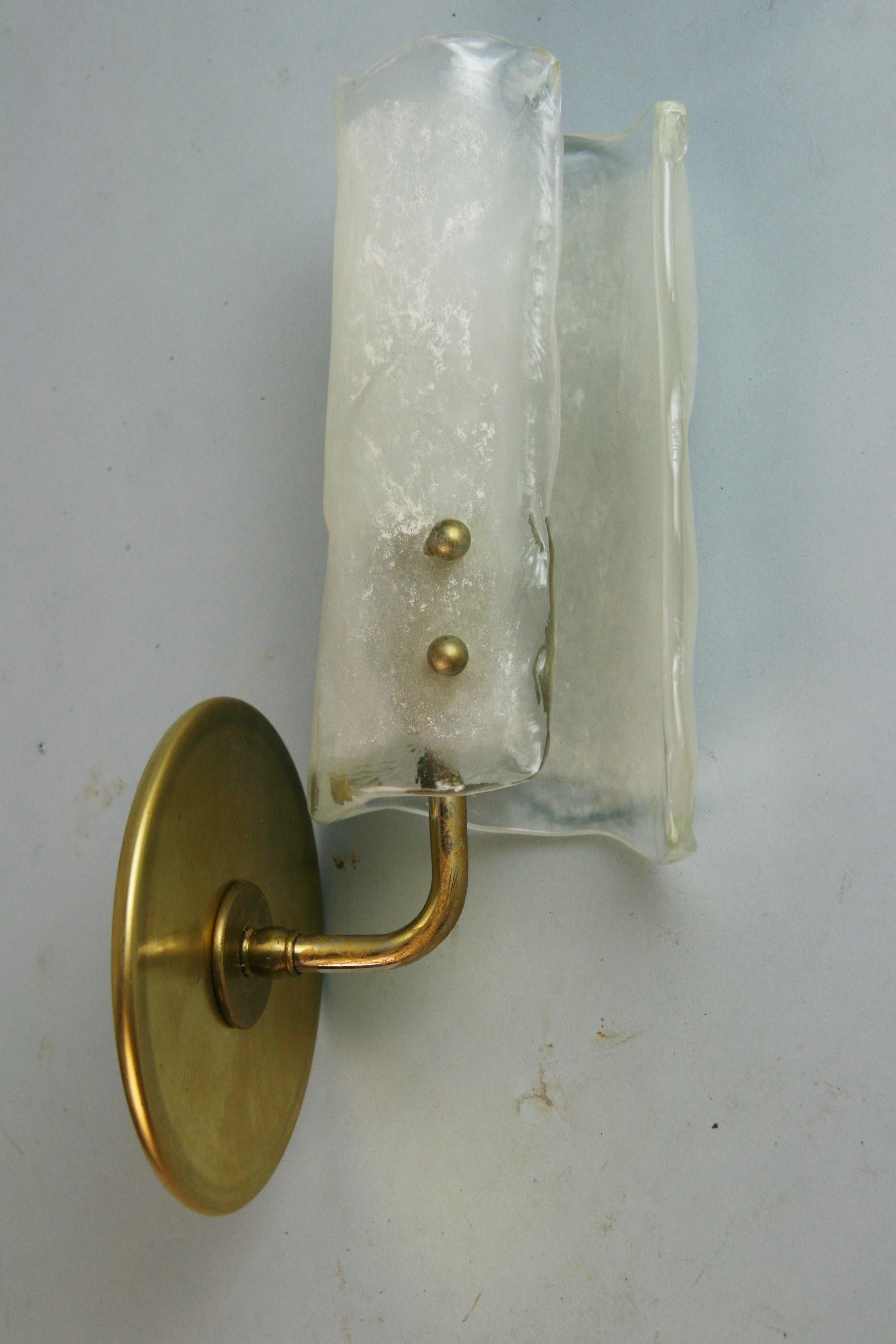 Pair Murano Curved and Frosted Hand Formed Glass Sconces, '3 Pair Available' For Sale 1