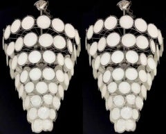 Pair Murano Disc Mid-Century Modern Tiered Chandelier, Antique Brass, Monumental