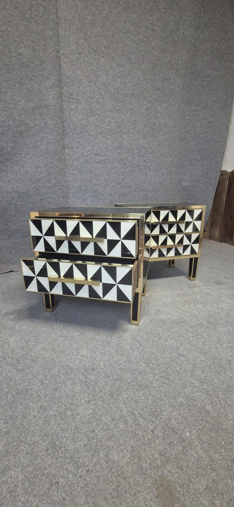 Italian Pair  Murano Glass Bedside Tables with Brass Trim, 1950s Style Justfurnituress in vendita