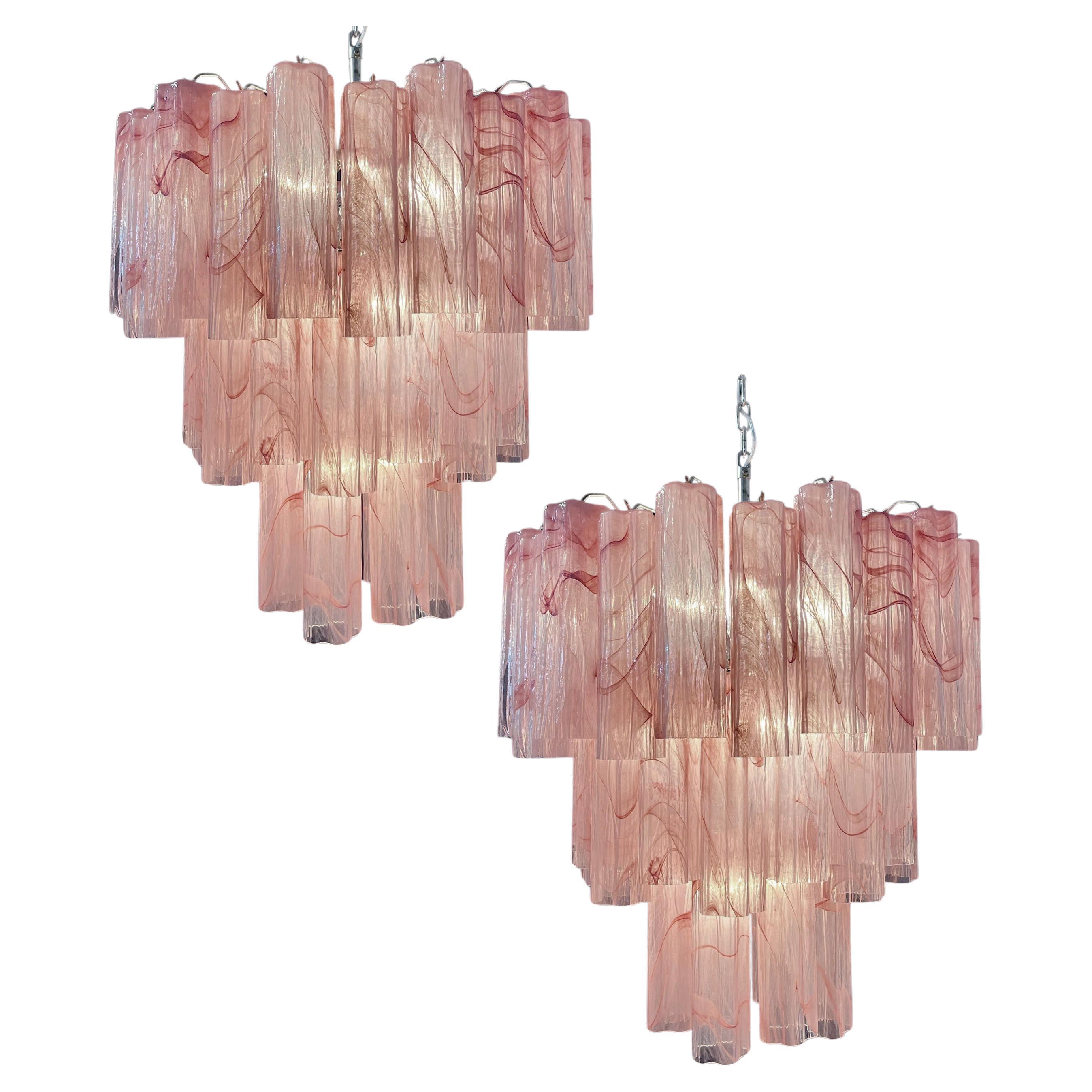 Italian Pair Murano Glass Chandeliers, Pink Alabaster For Sale