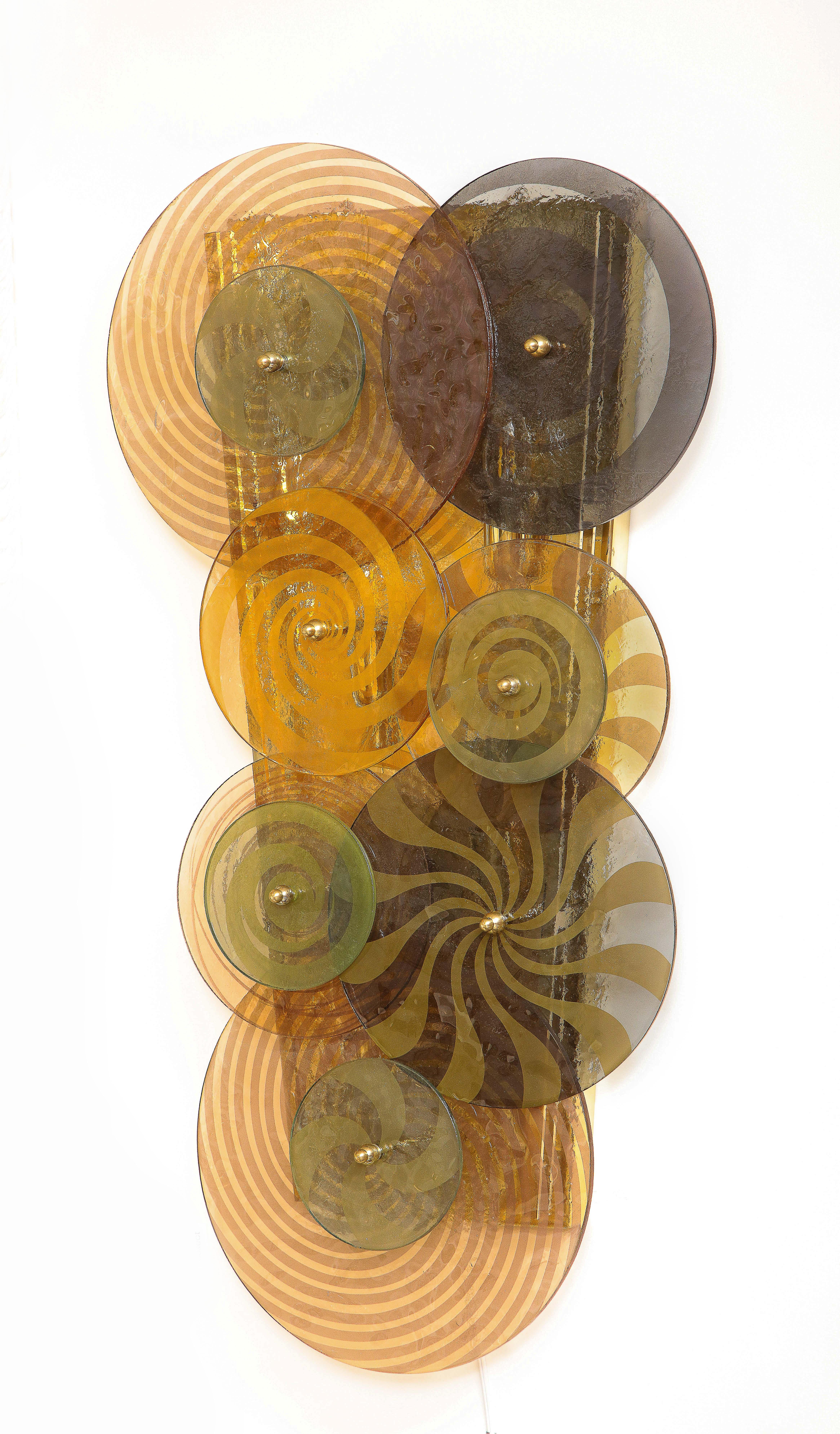 Contemporary Large Pair of Multi-colored Murano Glass Discs and Brass Sconces, Italy For Sale