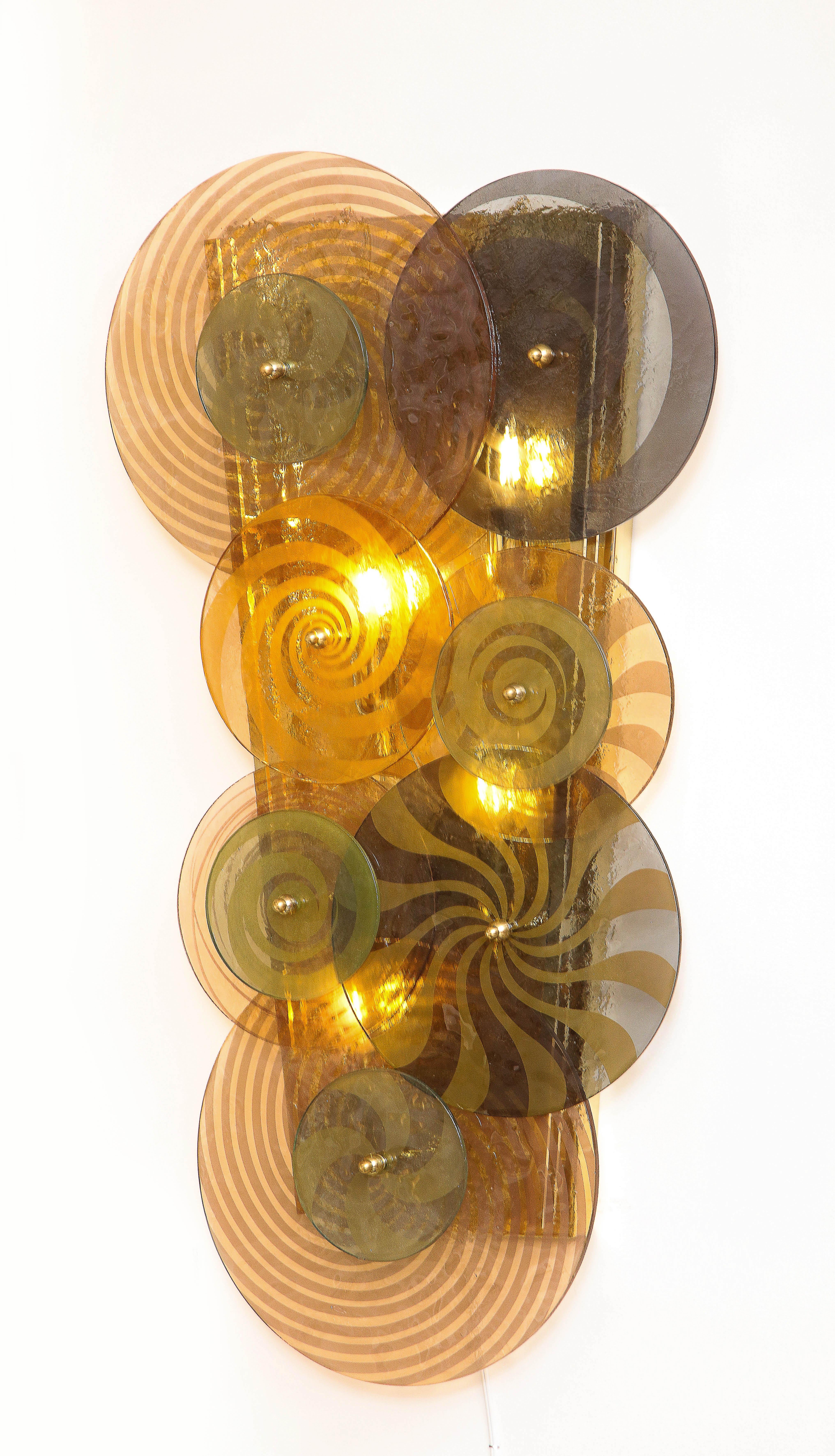 Italian Large Pair of Multi-colored Murano Glass Discs and Brass Sconces, Italy For Sale