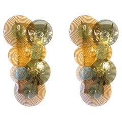 Pair Murano Glass Discs and Brass Sconces in Sage Green, Taupe, Amber and Pink