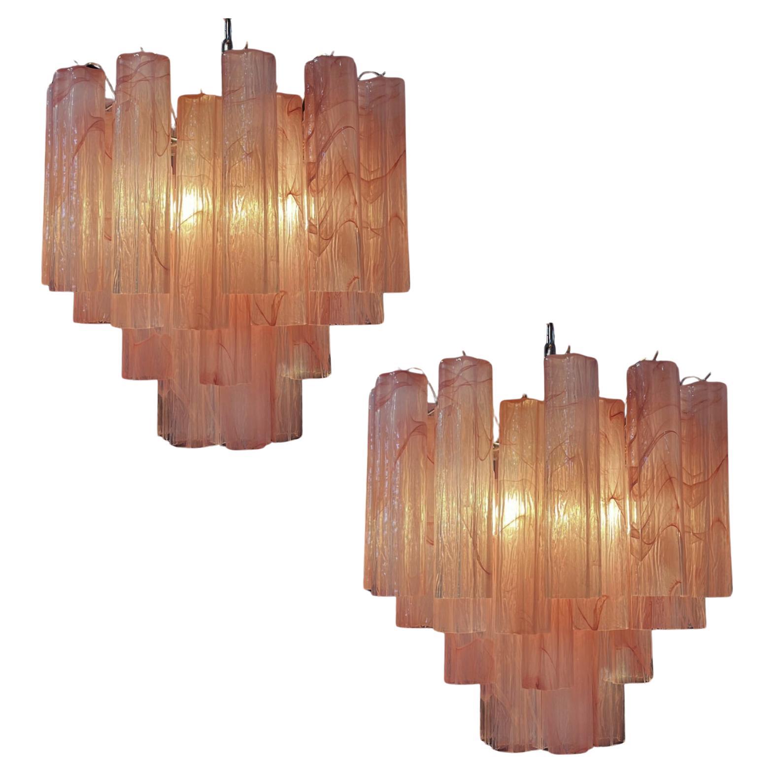 Pair Murano Glass Tronchi Chandeliers, Pink Alabaster For Sale