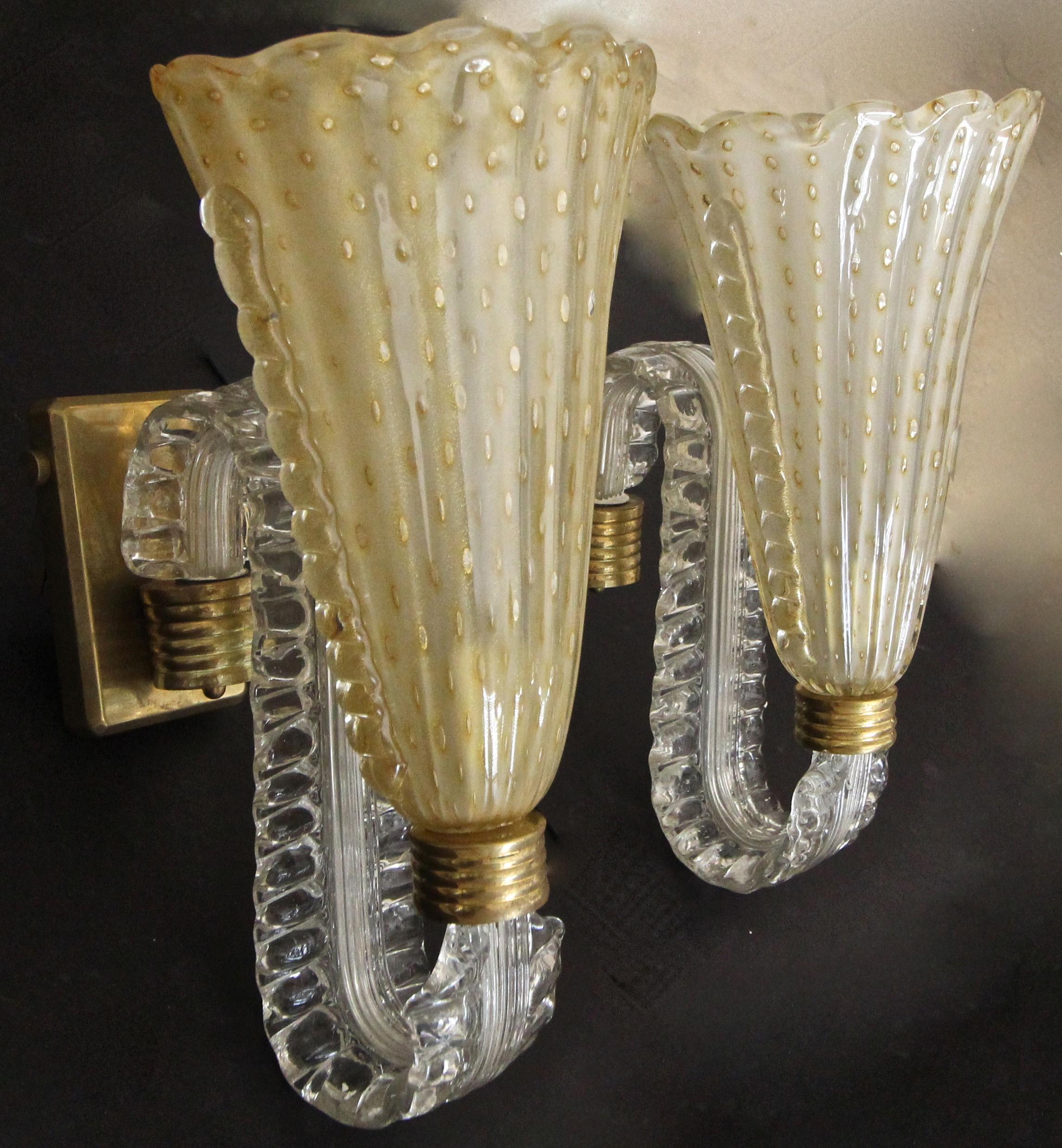 Italian Pair of Murano Gold Glass Wall Light Sconces