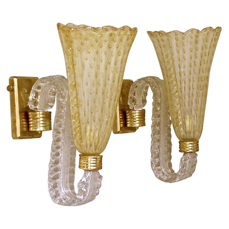 Pair of Murano Gold Glass Wall Light Sconces