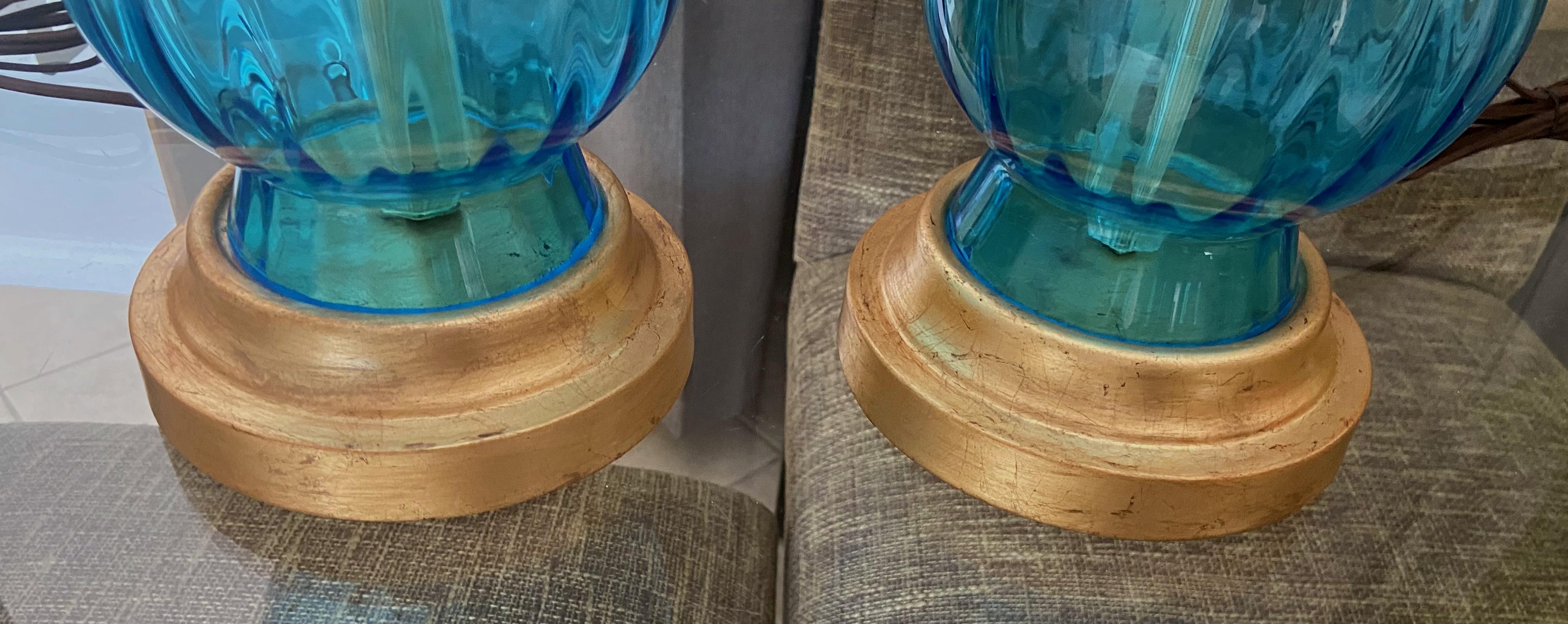 Pair Murano Italian Blue Hourglass Table Lamps 5