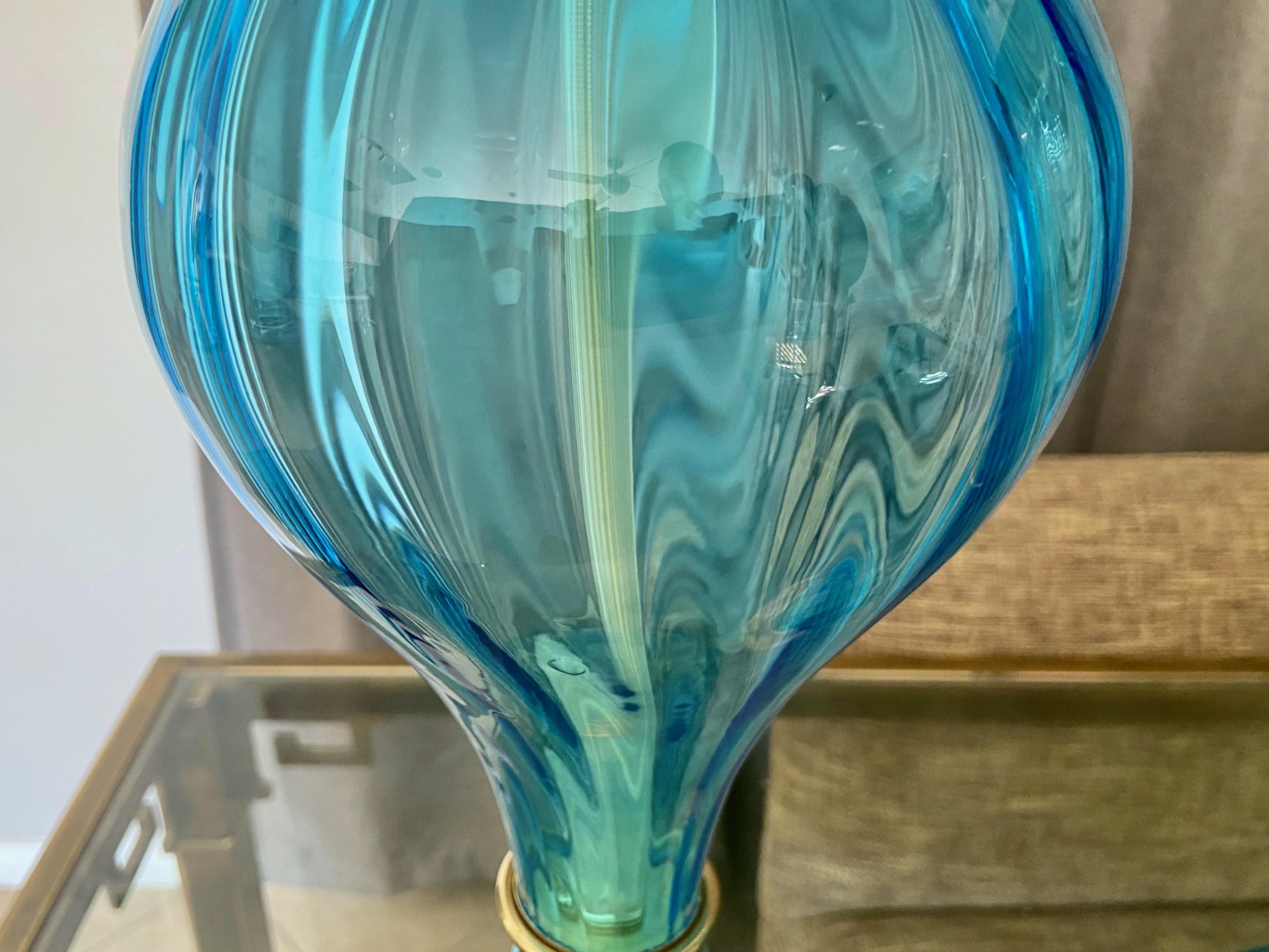 Pair Murano Italian Blue Hourglass Table Lamps 8