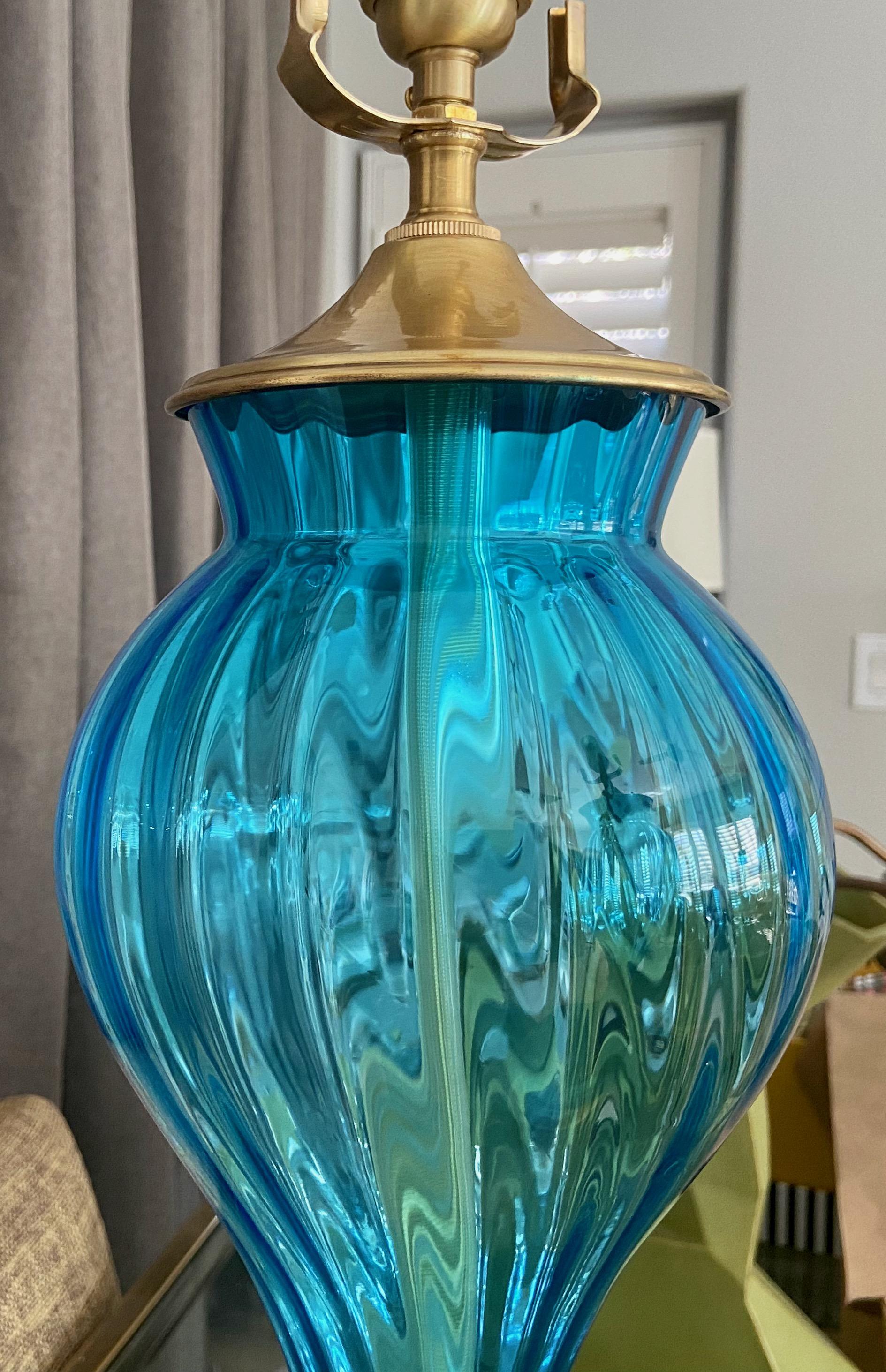 Pair Murano Italian Blue Hourglass Table Lamps 9