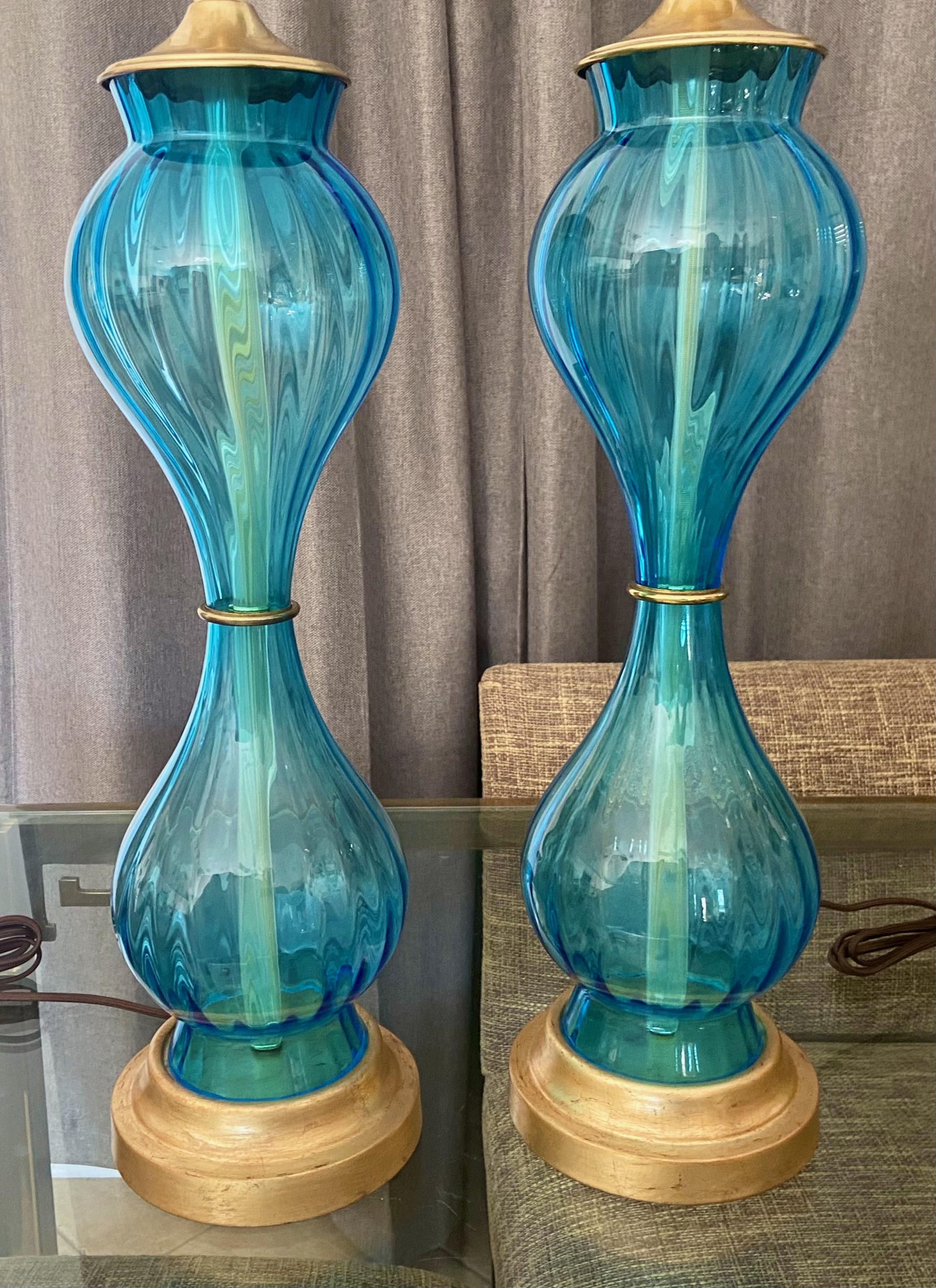 Pair Murano Italian Blue Hourglass Table Lamps 11