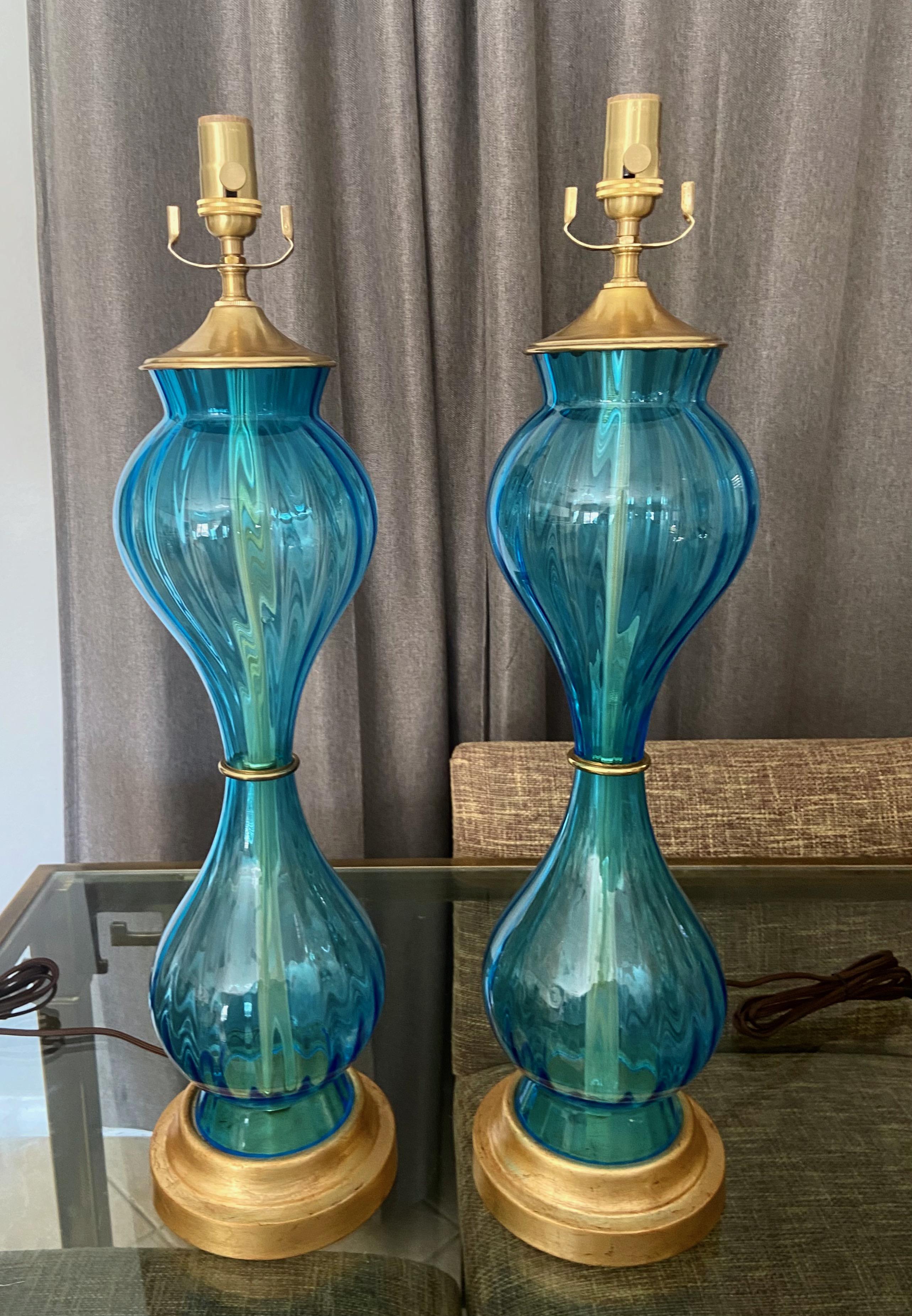 Pair Murano Italian Blue Hourglass Table Lamps 12