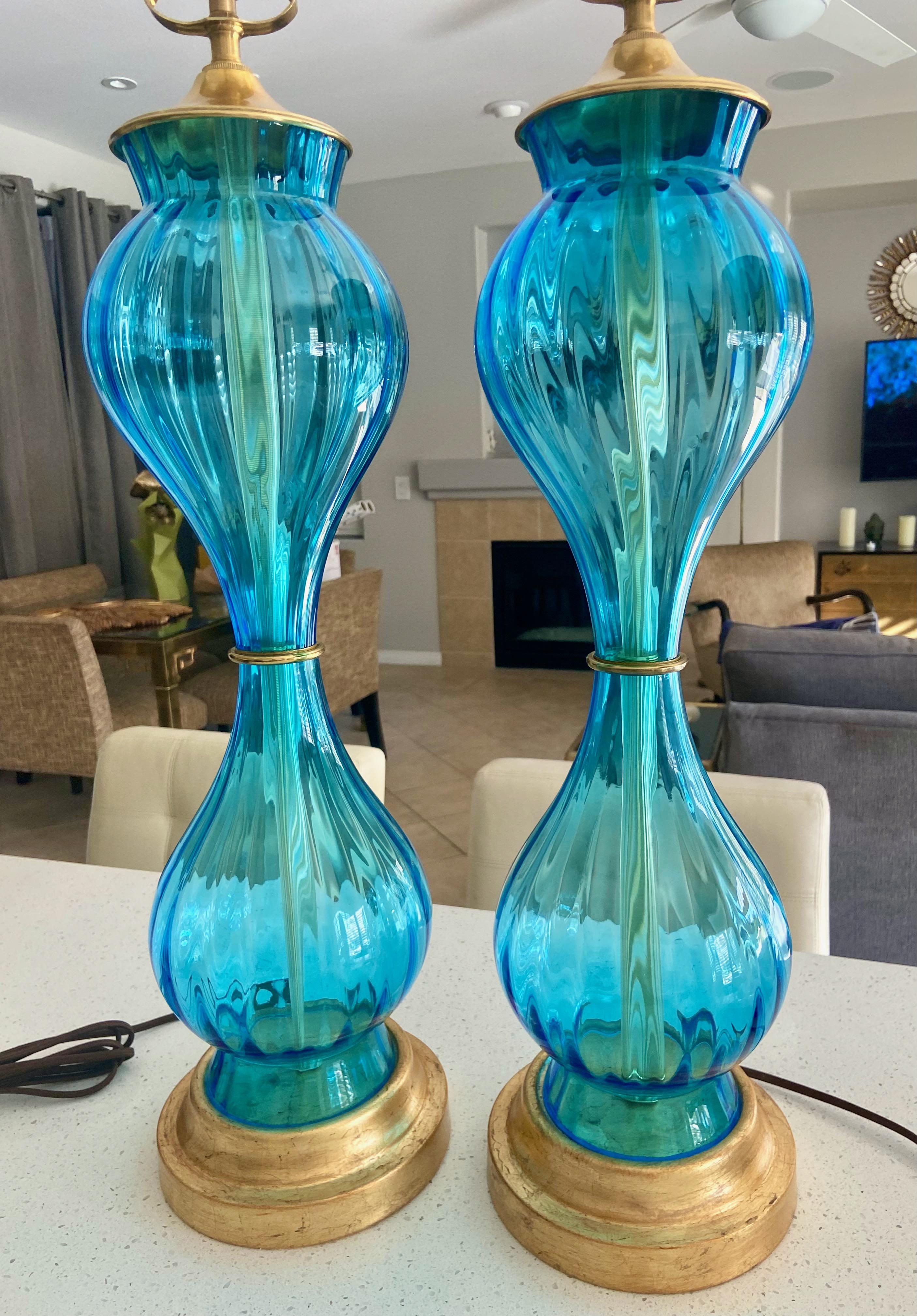 Pair Murano Italian Blue Hourglass Table Lamps In Good Condition In Palm Springs, CA