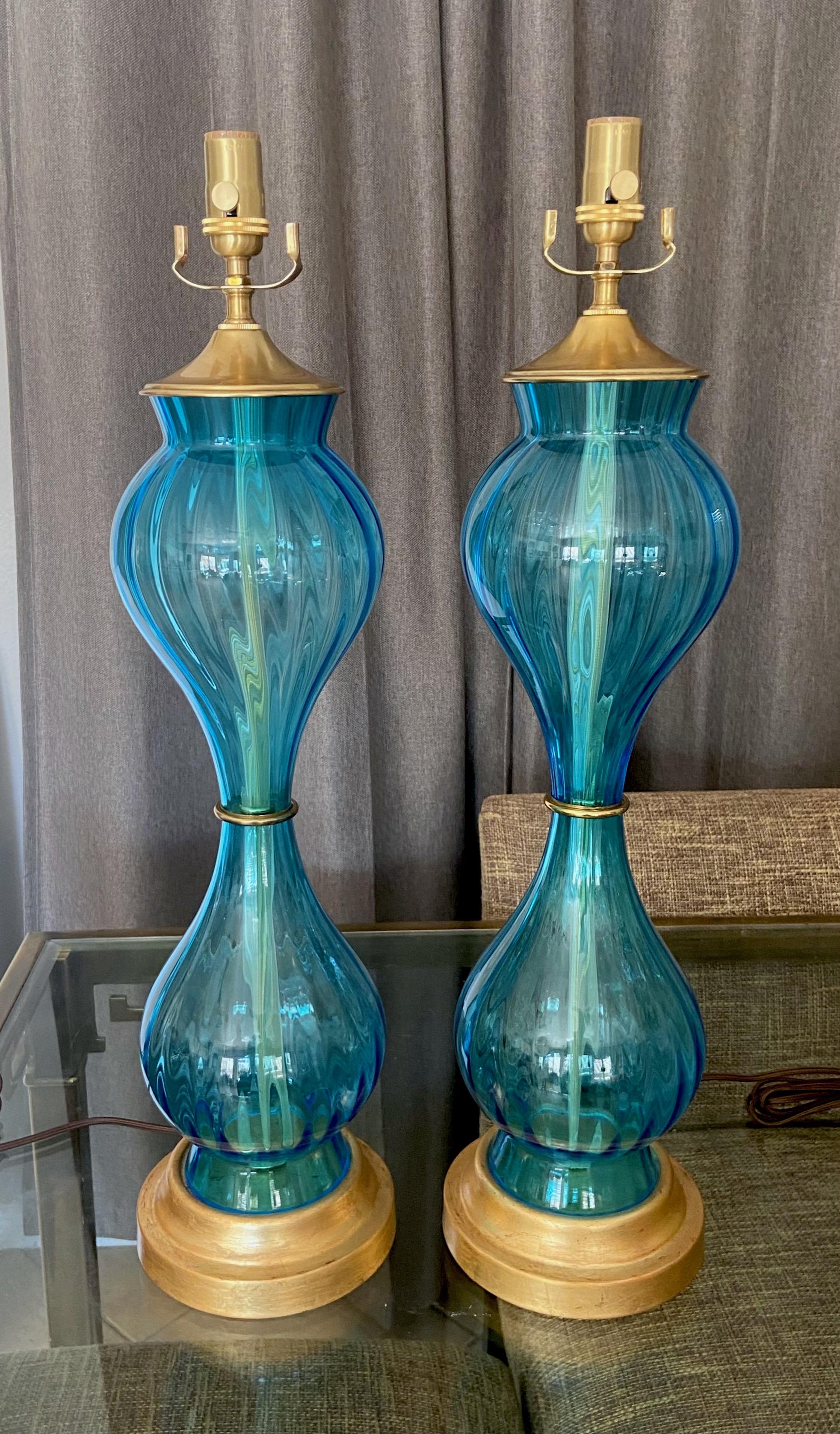 Mid-20th Century Pair Murano Italian Blue Hourglass Table Lamps