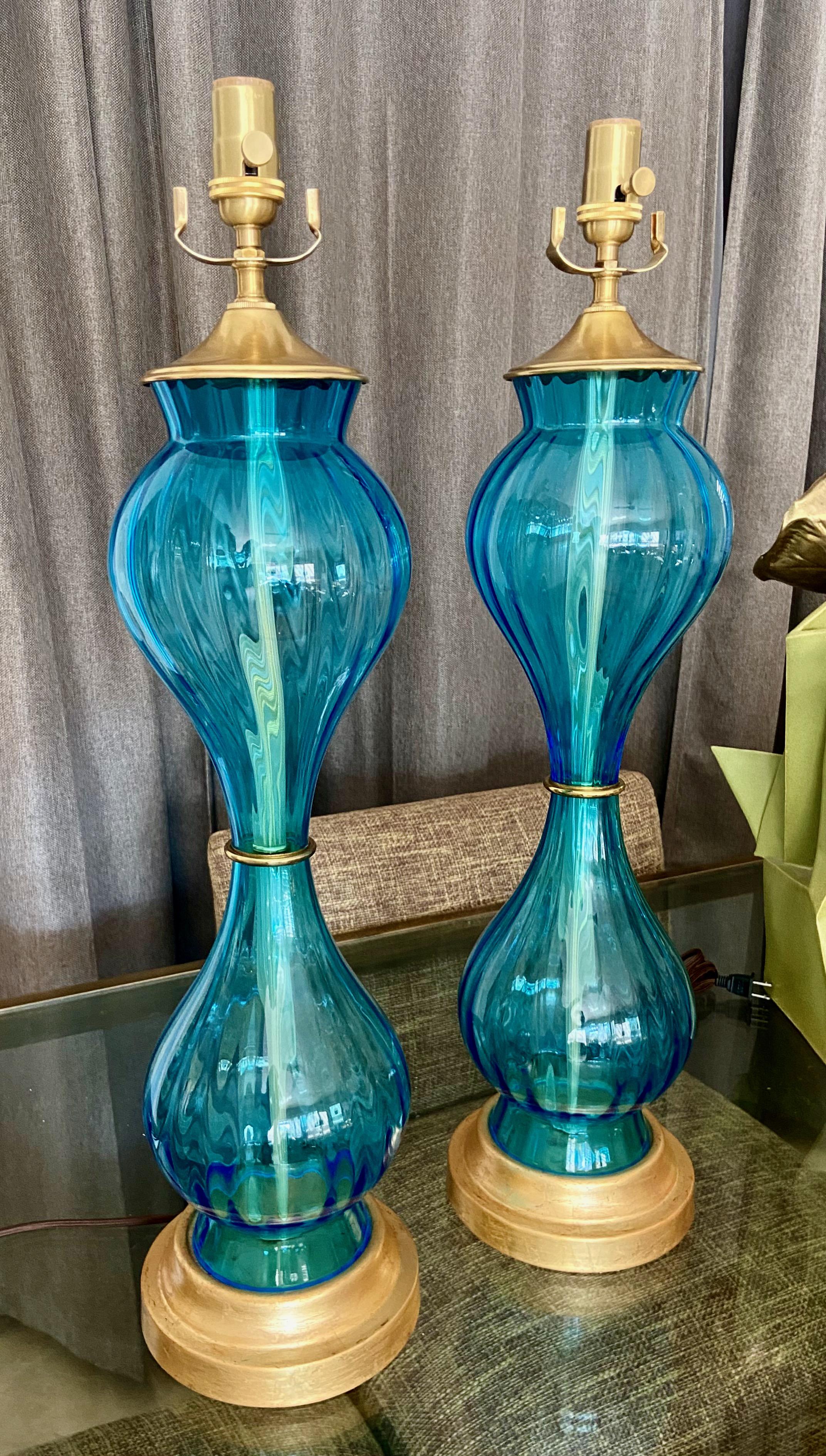 Brass Pair Murano Italian Blue Hourglass Table Lamps