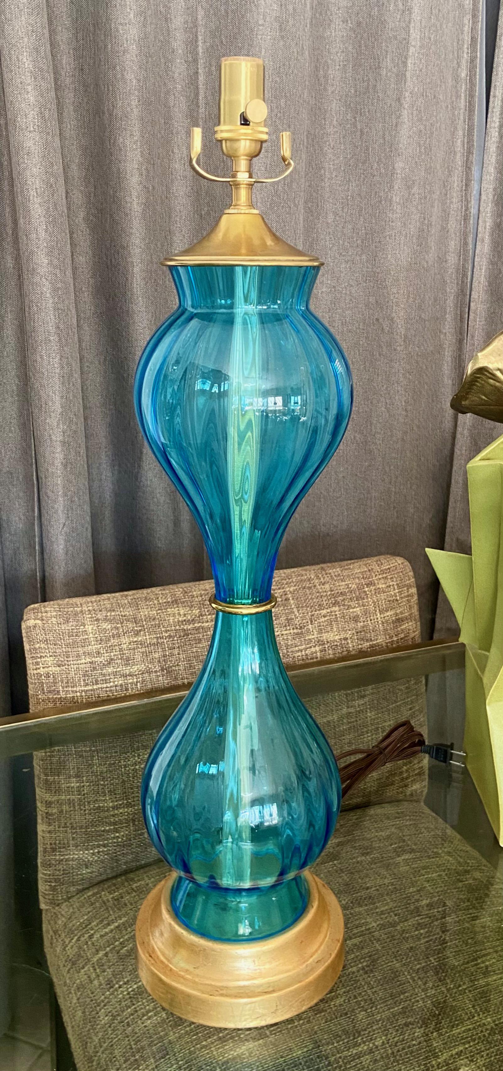 Pair Murano Italian Blue Hourglass Table Lamps 1