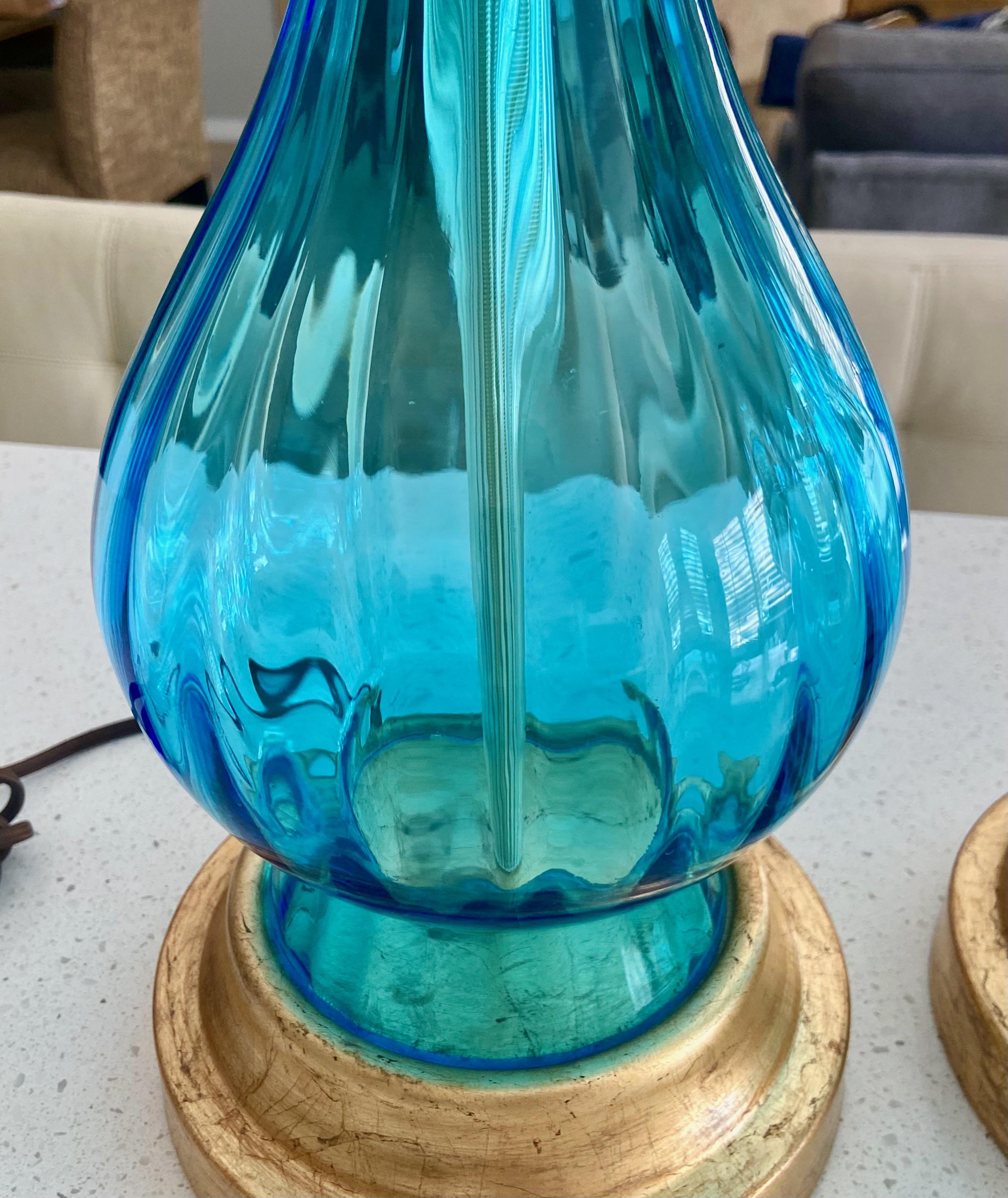 Pair Murano Italian Blue Hourglass Table Lamps 2