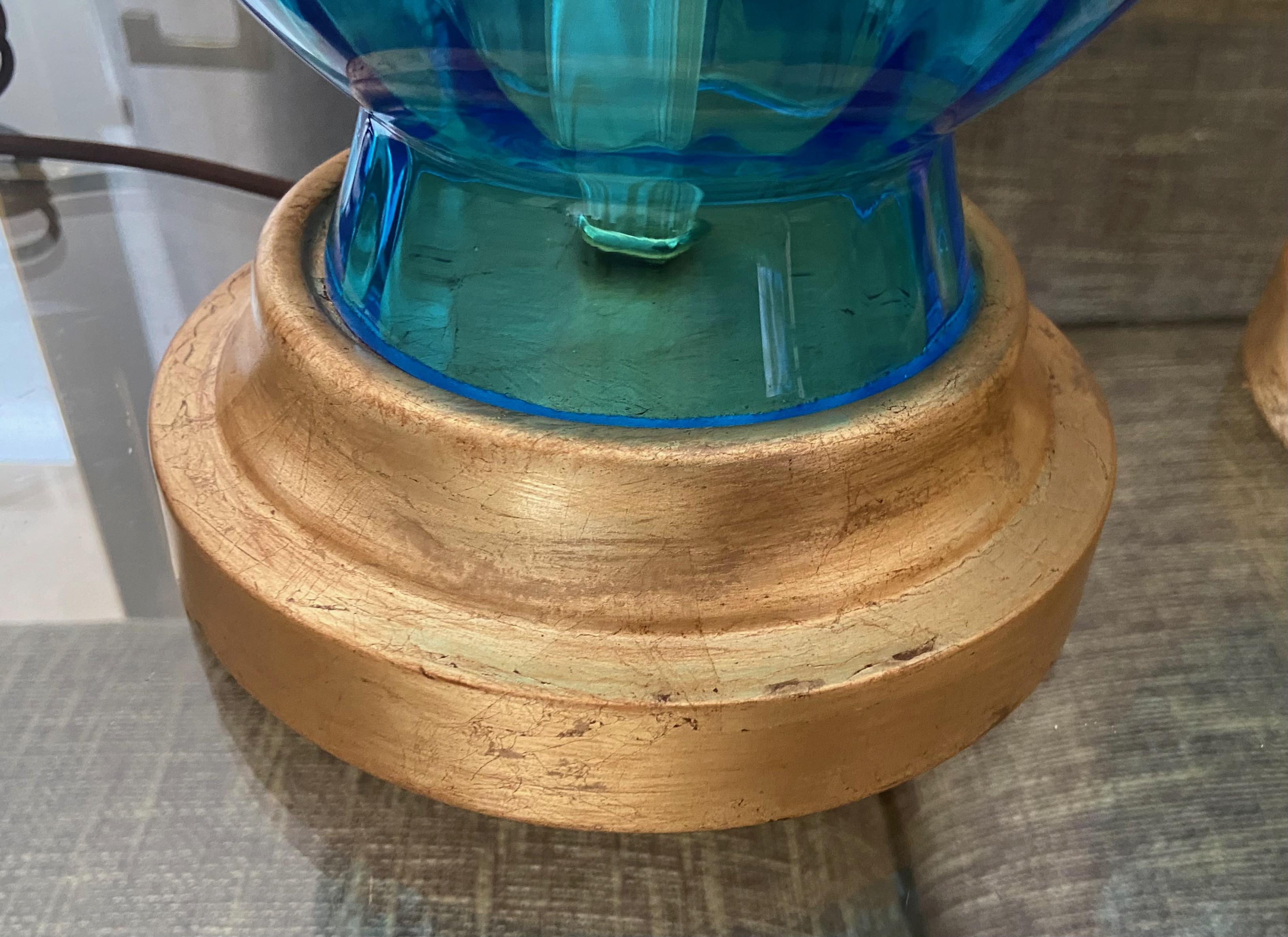 Pair Murano Italian Blue Hourglass Table Lamps 3