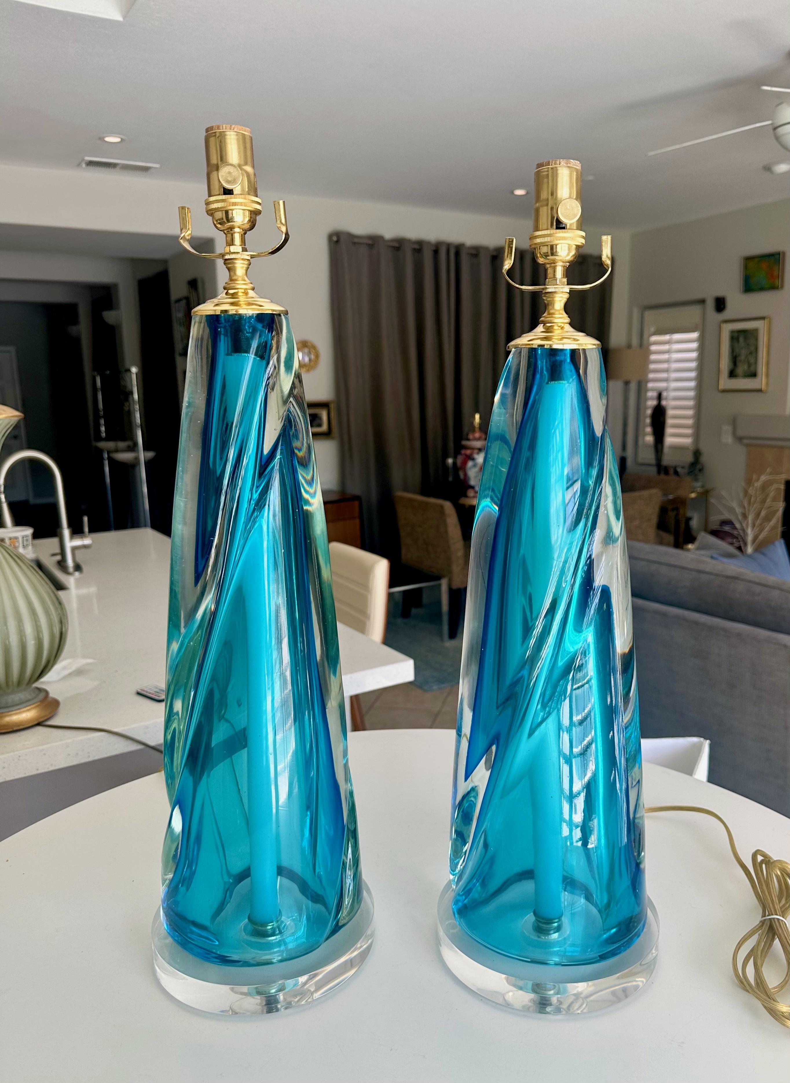 Pair Murano Italian Blue Table Lamps Italiano en venta