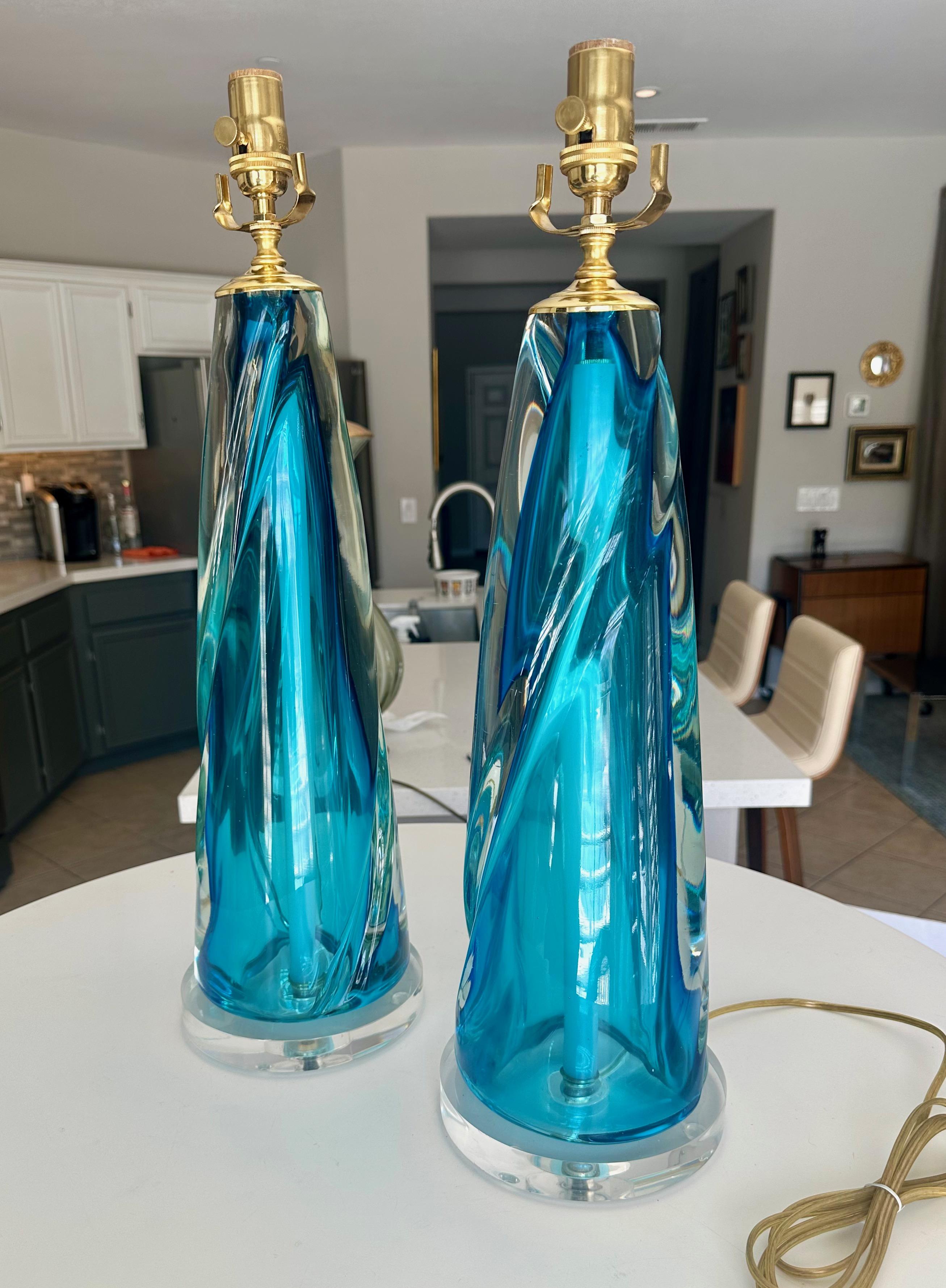 Pair Murano Italian Blue Table Lamps en Bueno estado para la venta en Palm Springs, CA