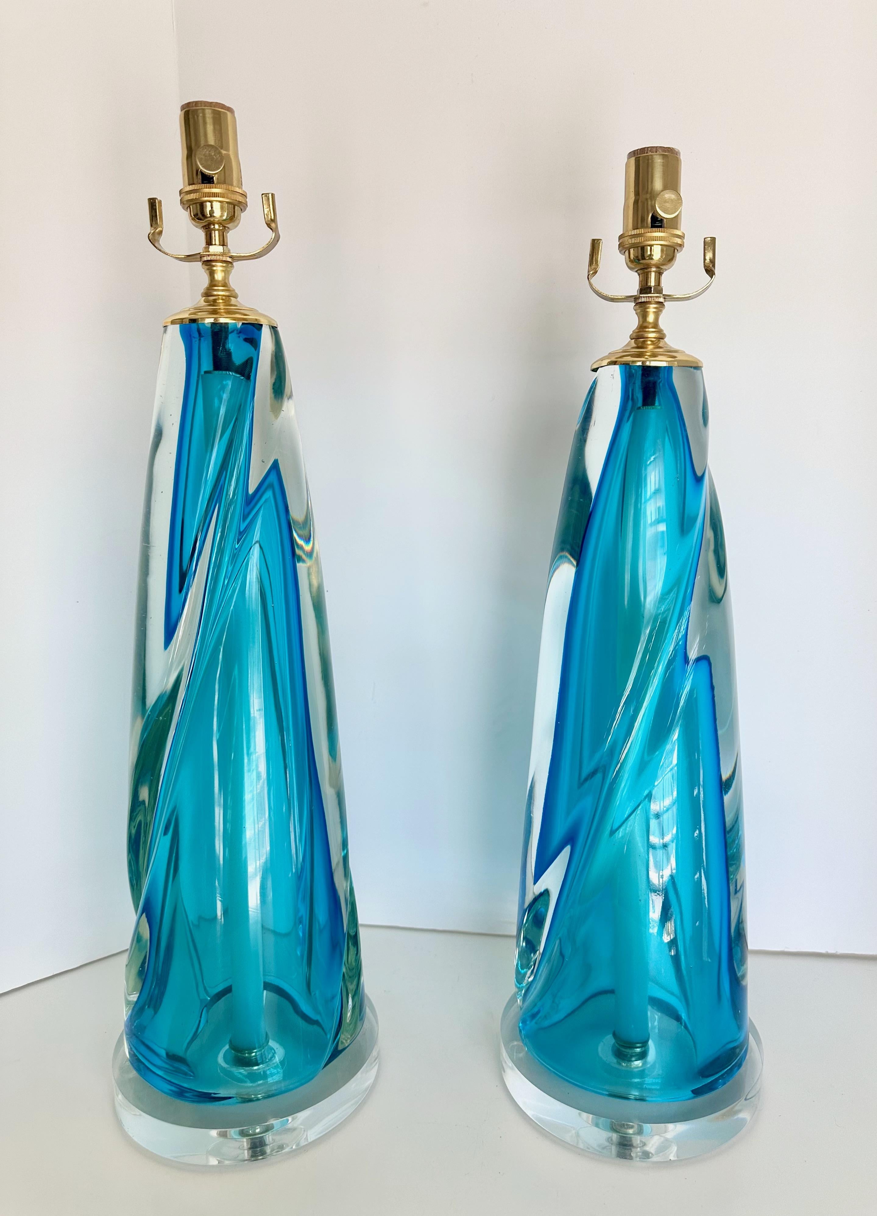 Pair Murano Italian Blue Table Lamps Vidrio en venta