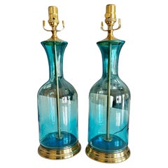 Pair Murano Italian Blue Table Lamps