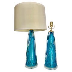 Pair Murano Italian Blue Table Lamps