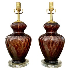 Pair Murano Italian Purple Amethyst Glass Table Lamps