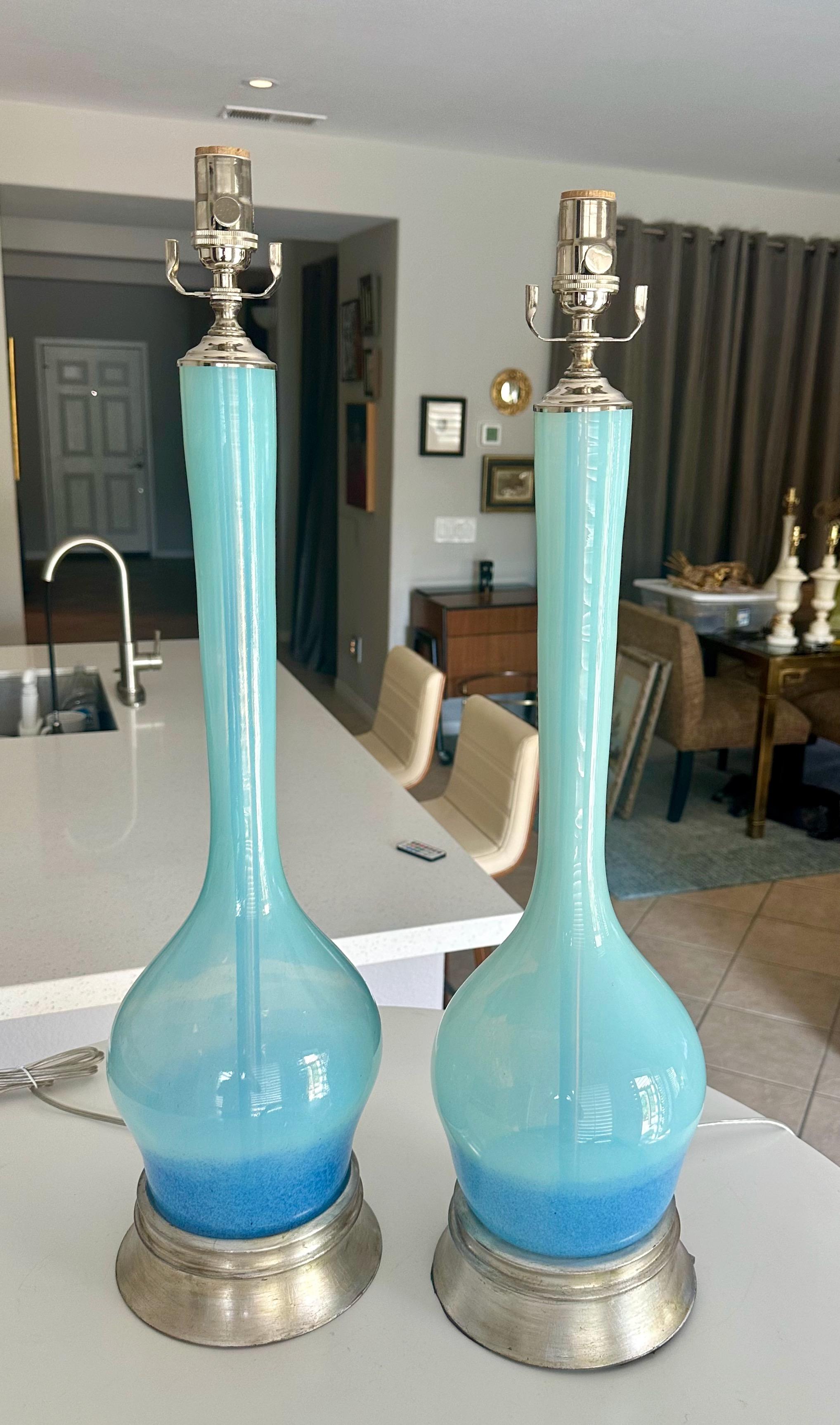Pair Murano Italian Sky Blue Table Lamp For Sale 9